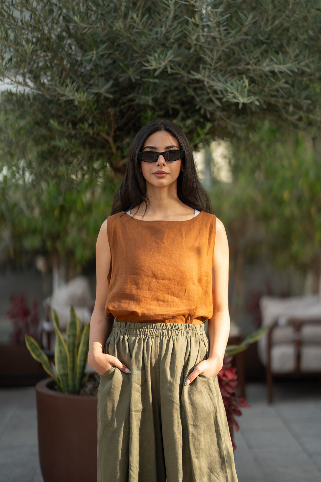 Camel blouse and olive green pants set in linen fabric