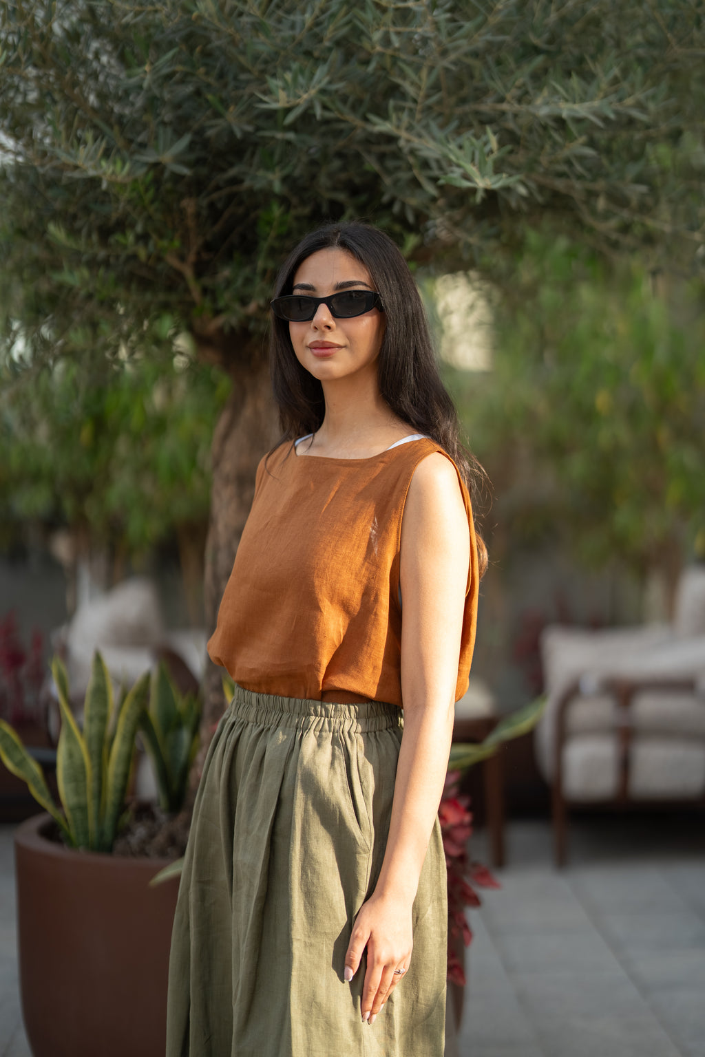 Camel blouse and olive green pants set in linen fabric