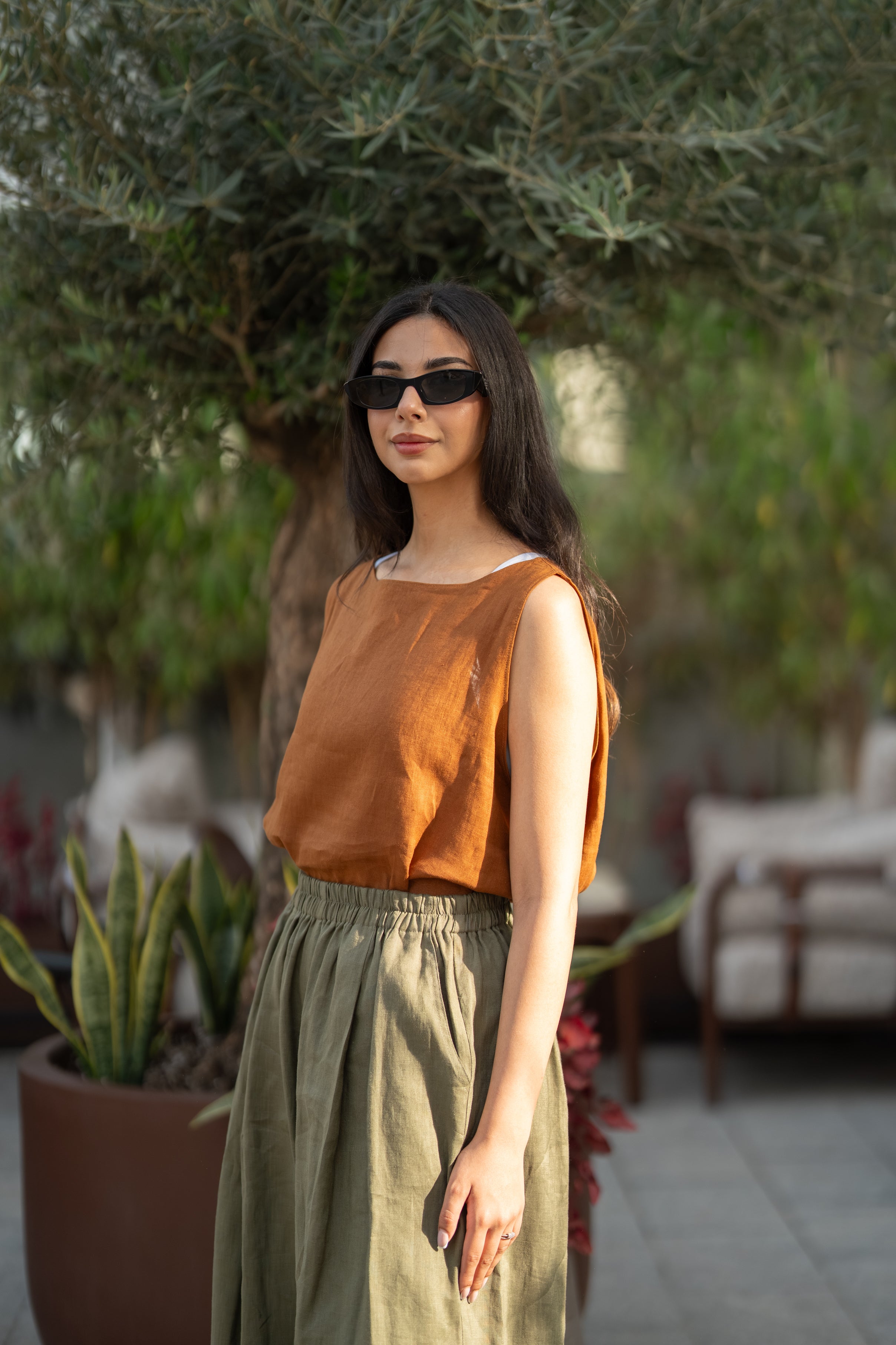 Camel blouse and olive green pants set in linen fabric