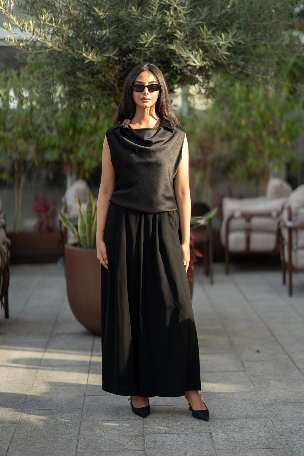 Black crepe blouse and pants set