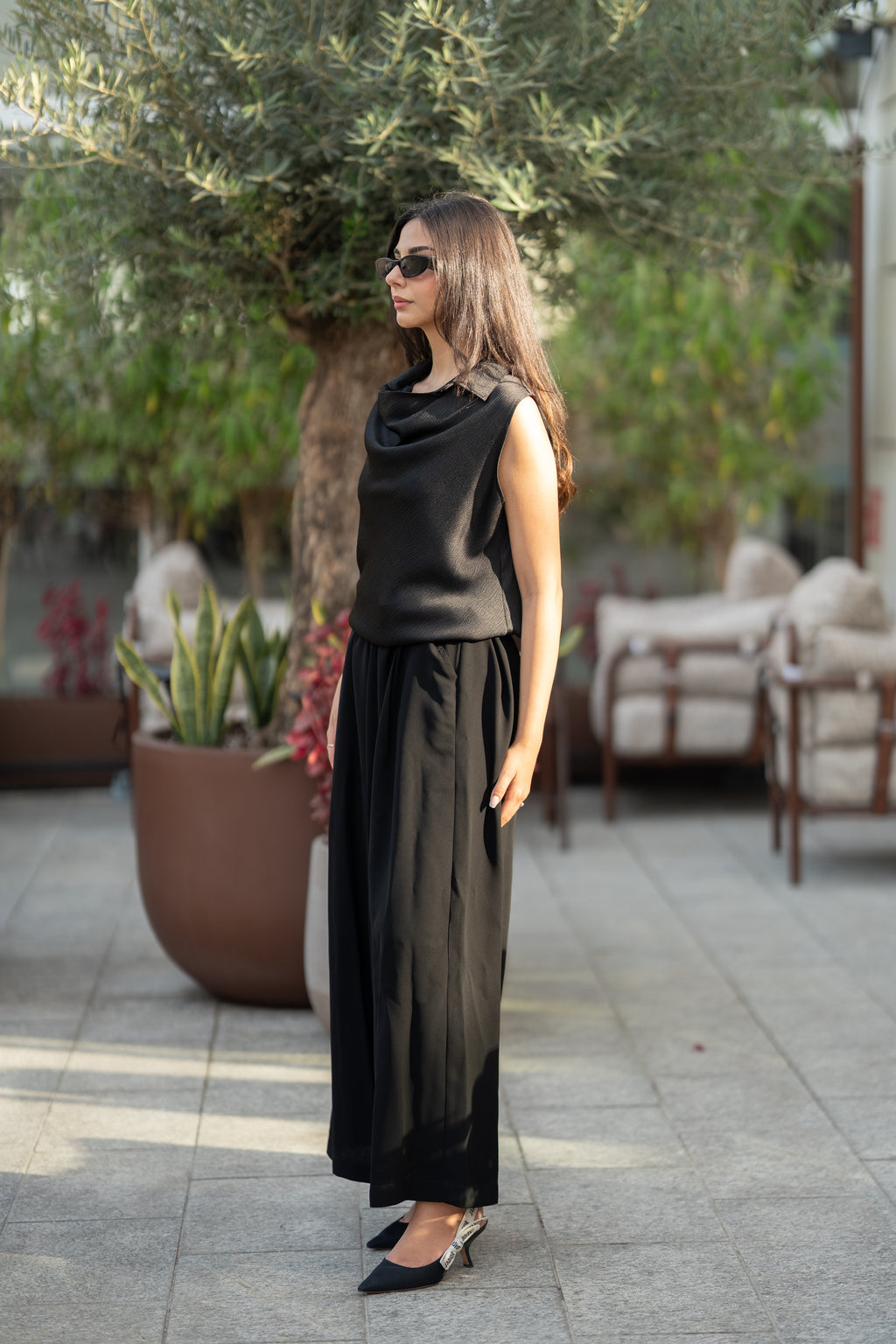 Black crepe blouse and pants set