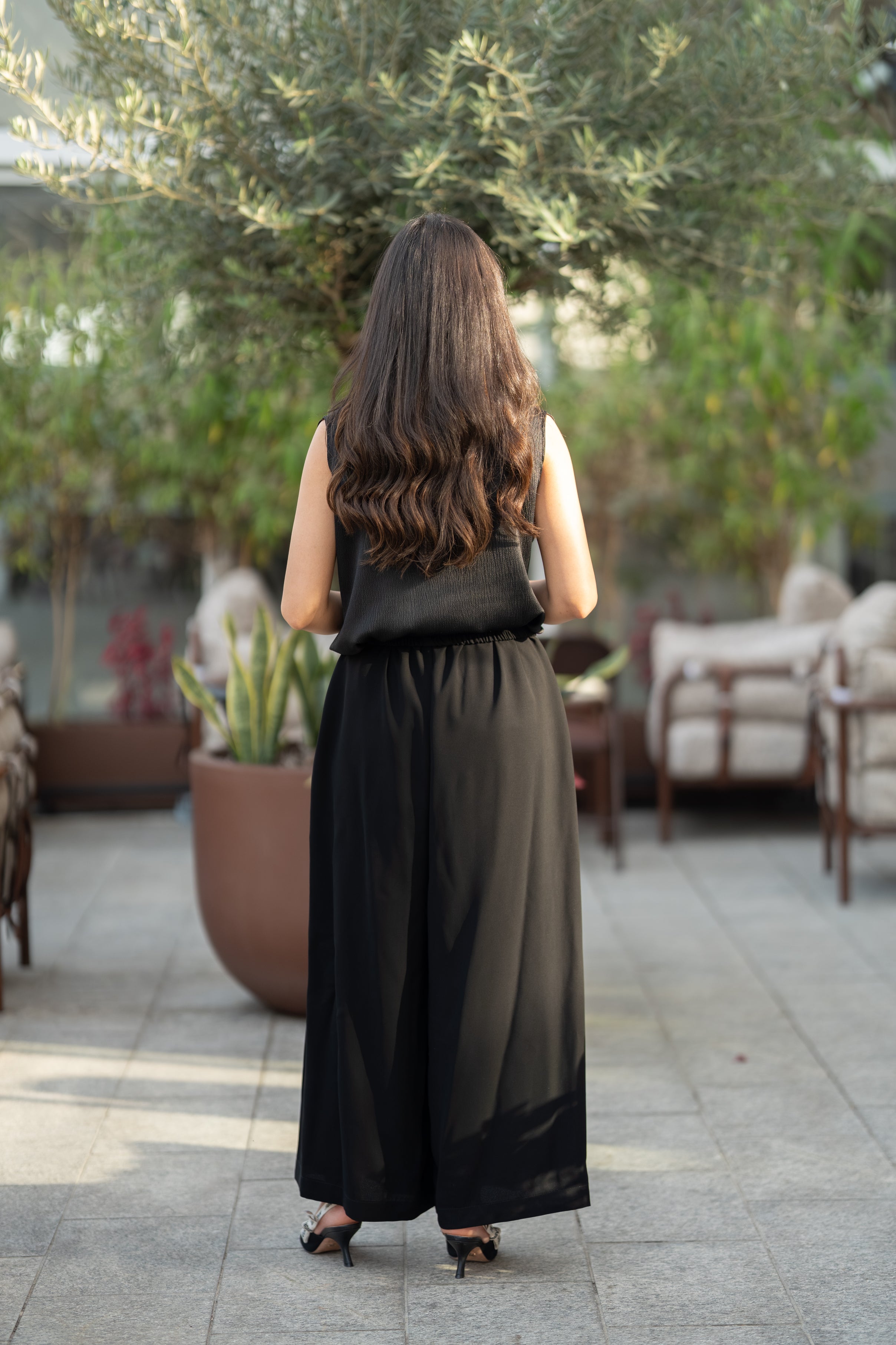 Black crepe blouse and pants set