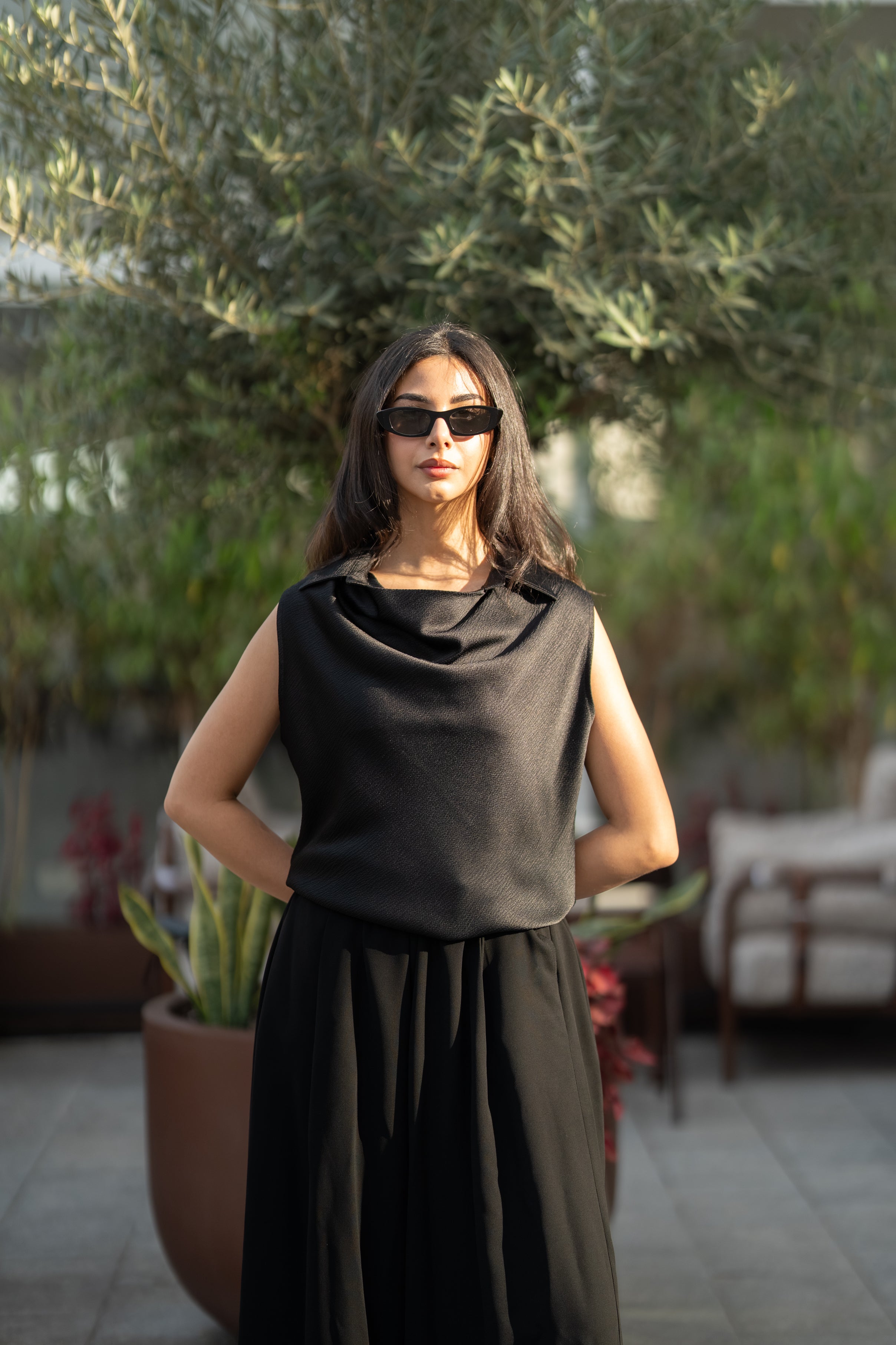 Black crepe blouse and pants set