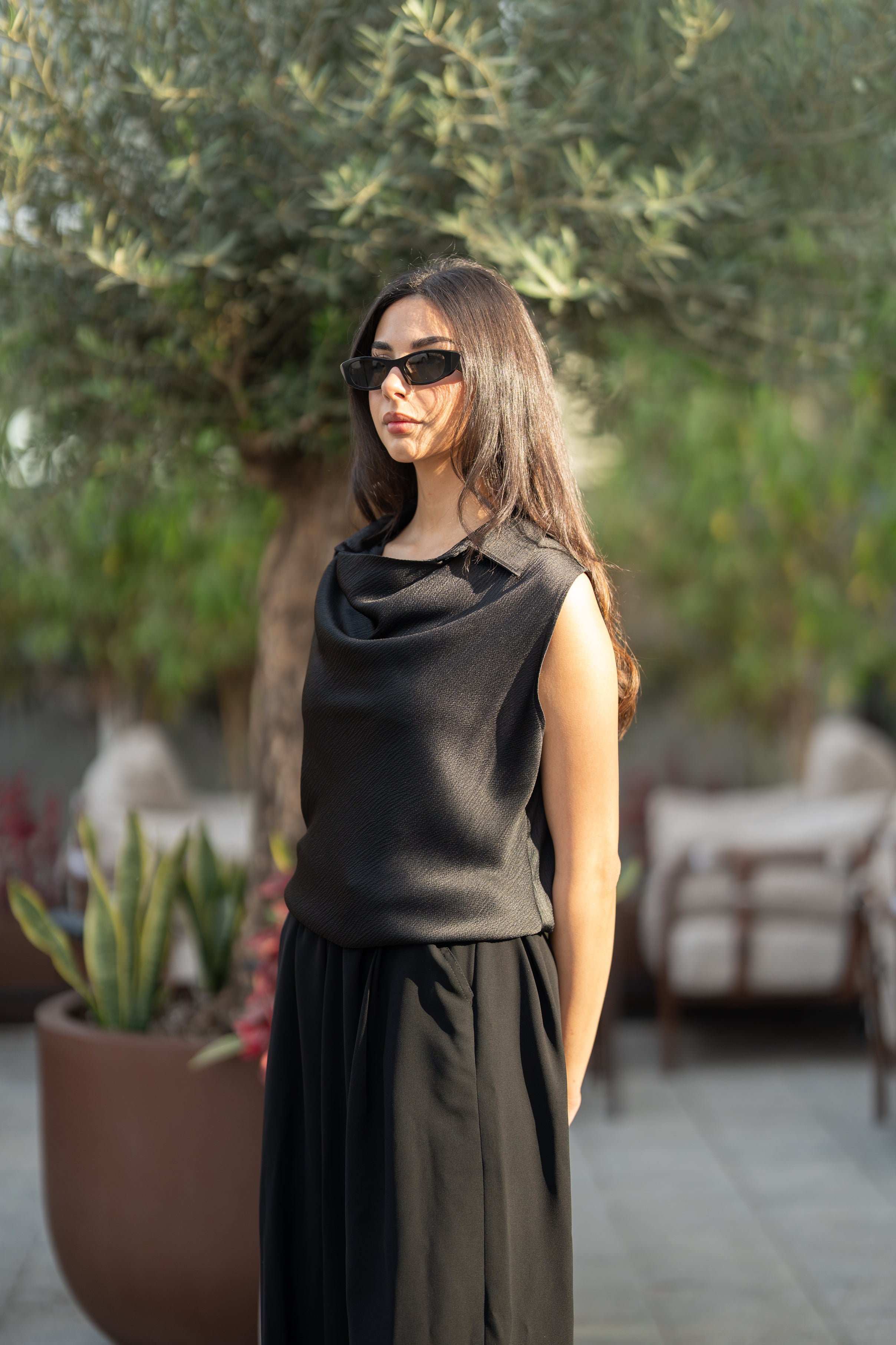 Black crepe blouse and pants set