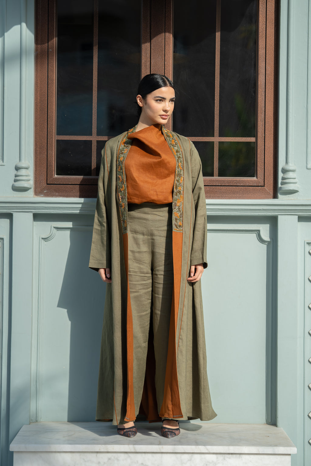 Olive Linen Abaya with Camel Details & Hand Beadwork