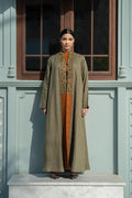 Olive Linen Abaya with Camel Details & Hand Beadwork