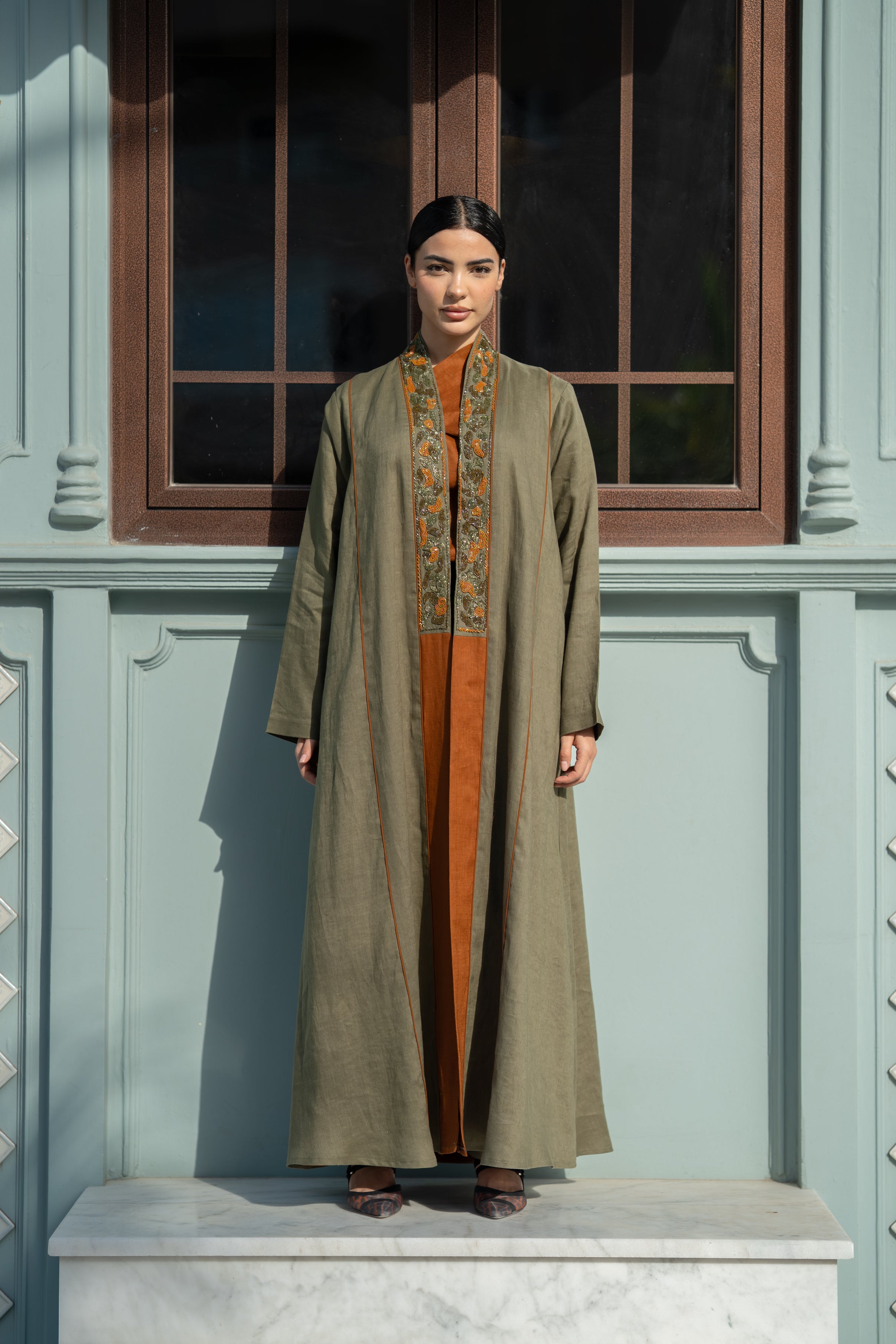 Olive Linen Abaya with Camel Details & Hand Beadwork