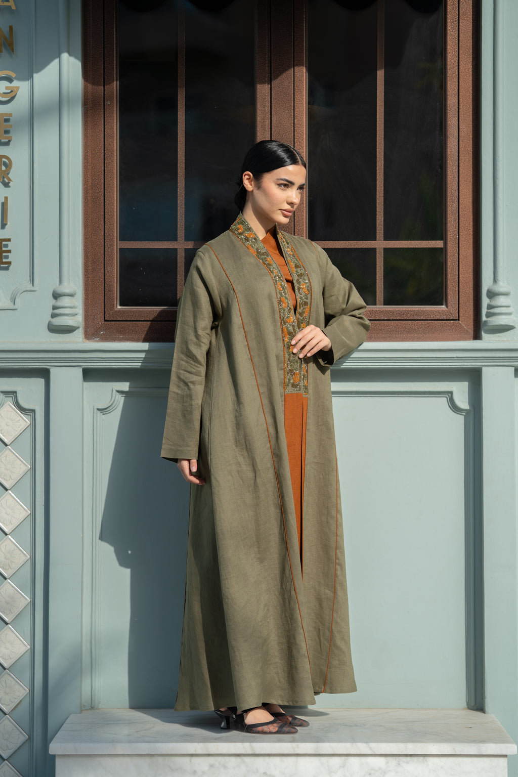 Olive Linen Abaya with Camel Details & Hand Beadwork