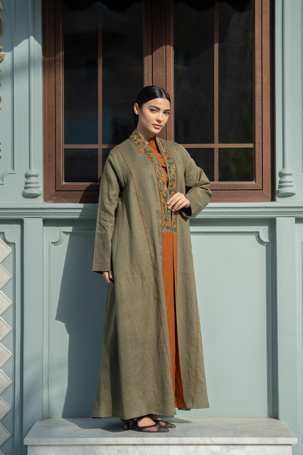 Olive Linen Abaya with Camel Details & Hand Beadwork