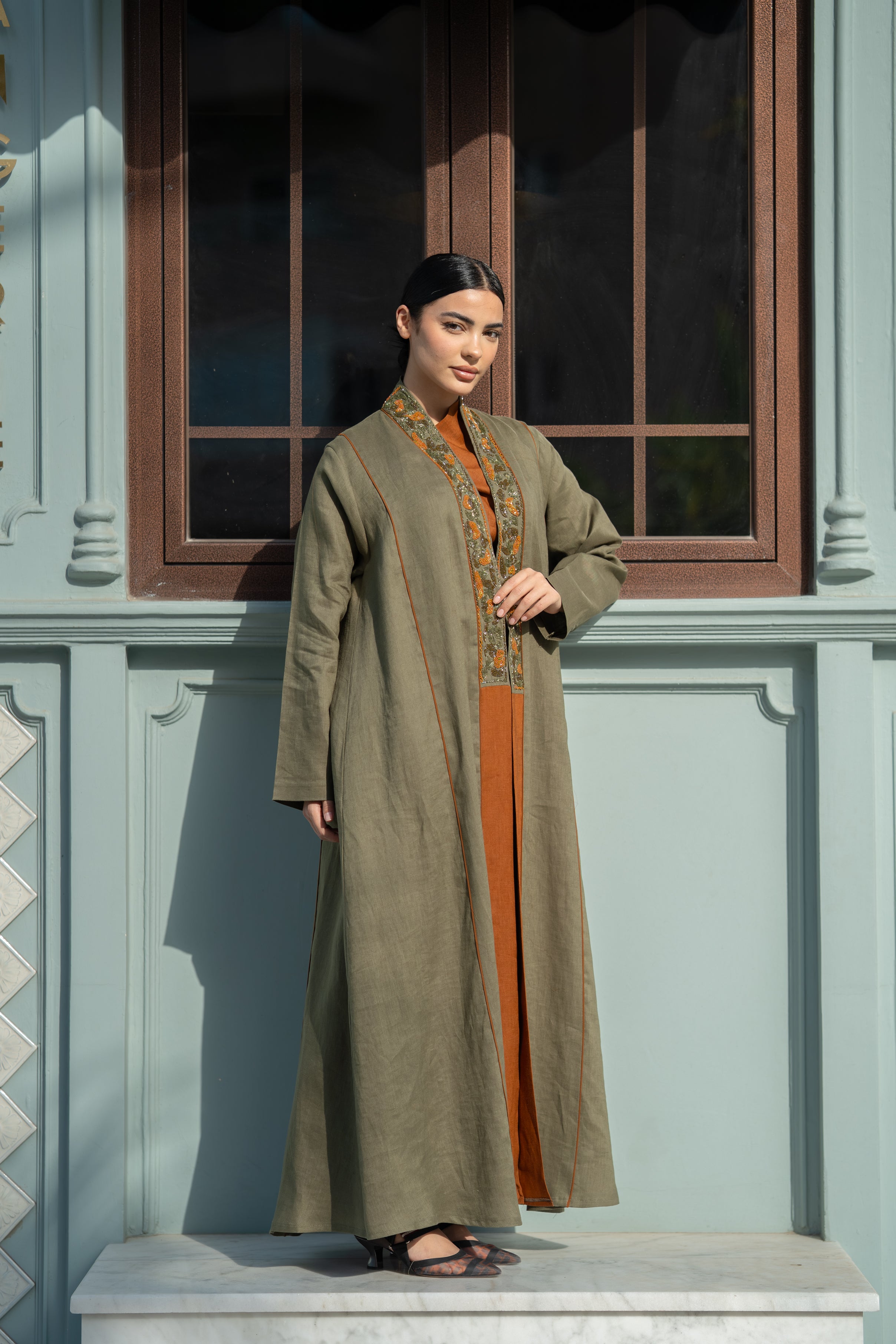 Olive Linen Abaya with Camel Details & Hand Beadwork