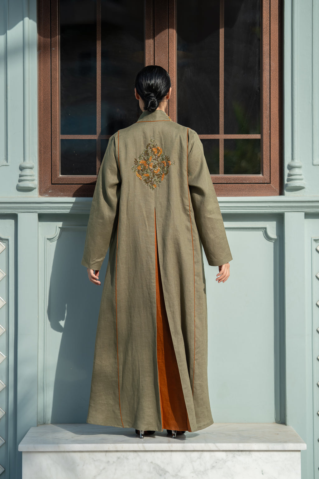 Olive Linen Abaya with Camel Details & Hand Beadwork