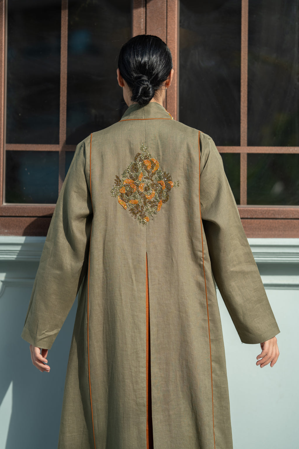 Olive Linen Abaya with Camel Details & Hand Beadwork