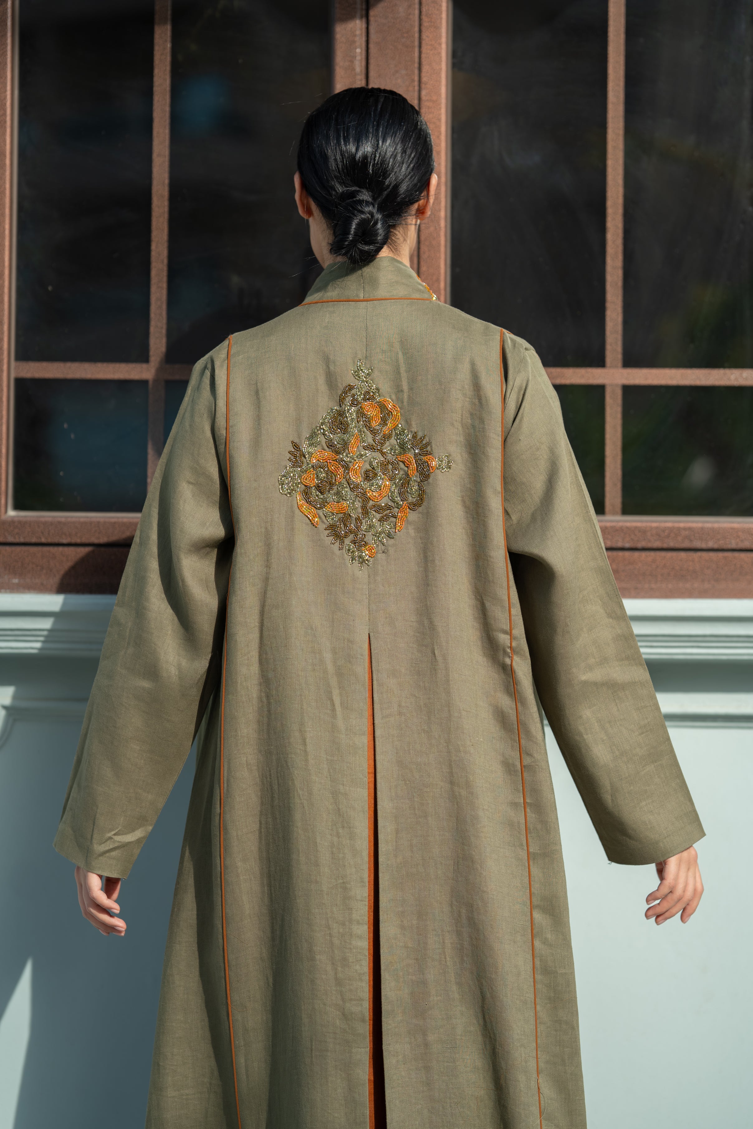Olive Linen Abaya with Camel Details & Hand Beadwork