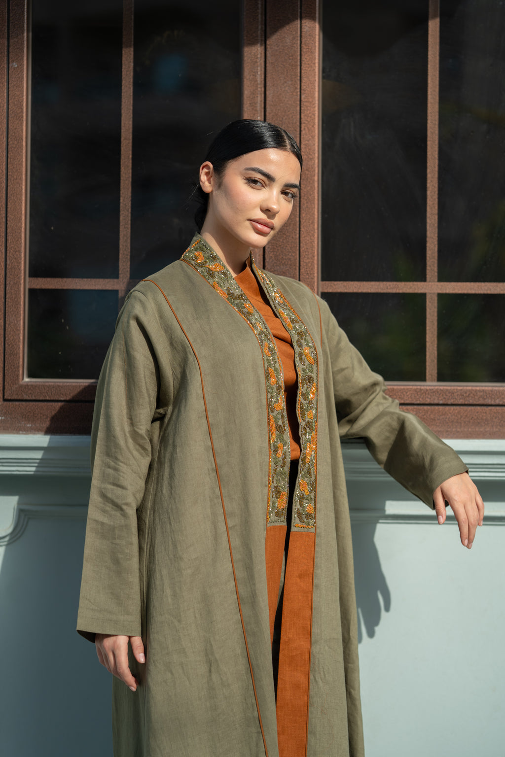 Olive Linen Abaya with Camel Details & Hand Beadwork