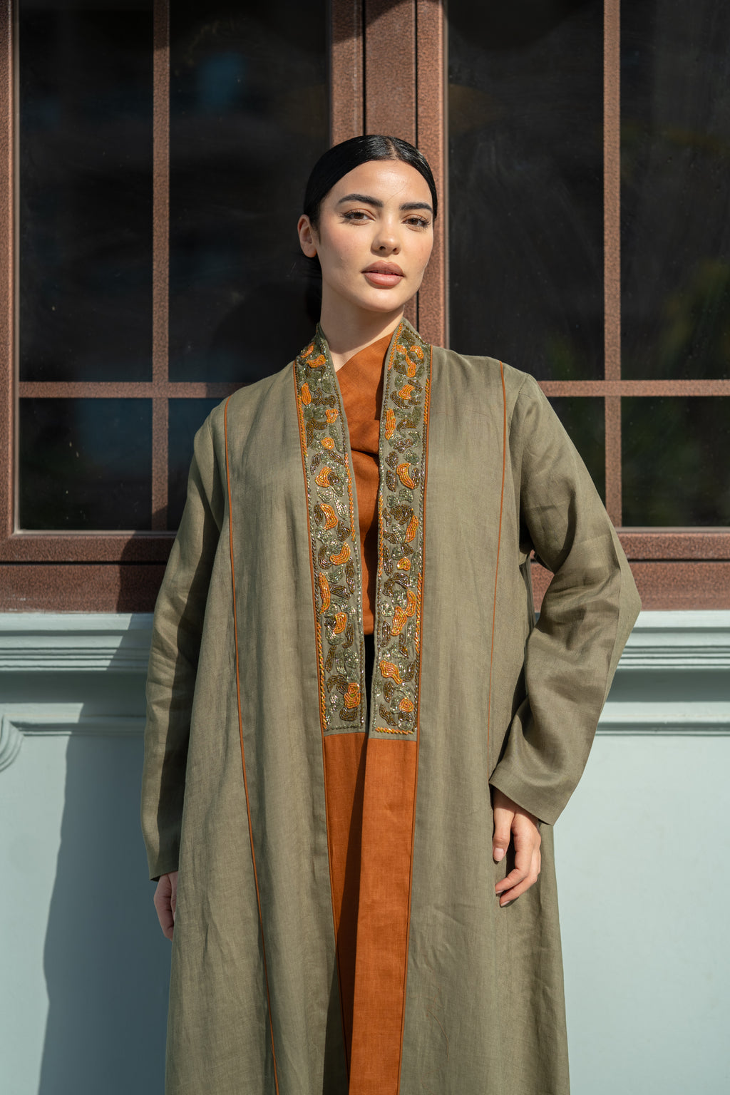 Olive Linen Abaya with Camel Details & Hand Beadwork