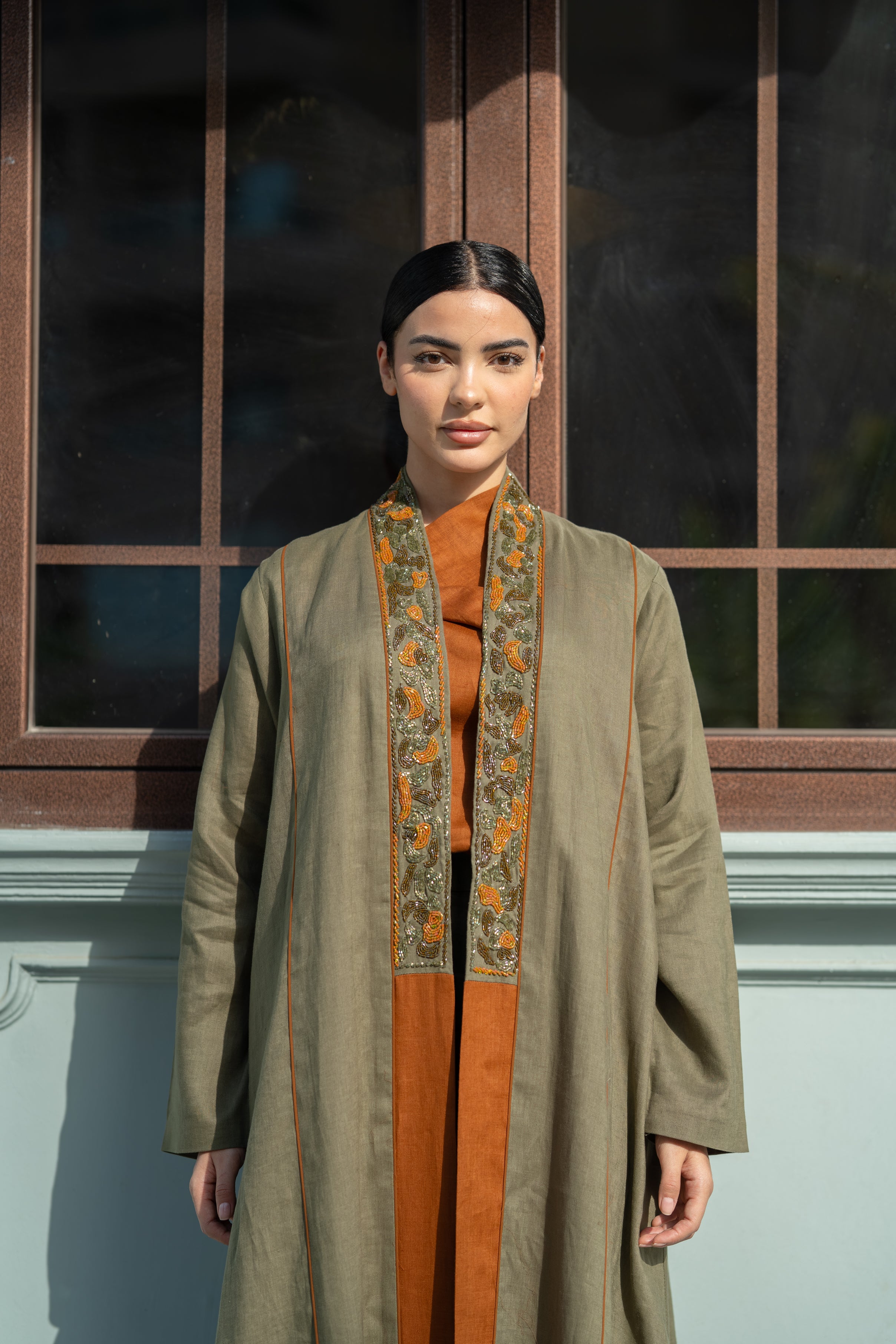 Olive Linen Abaya with Camel Details & Hand Beadwork