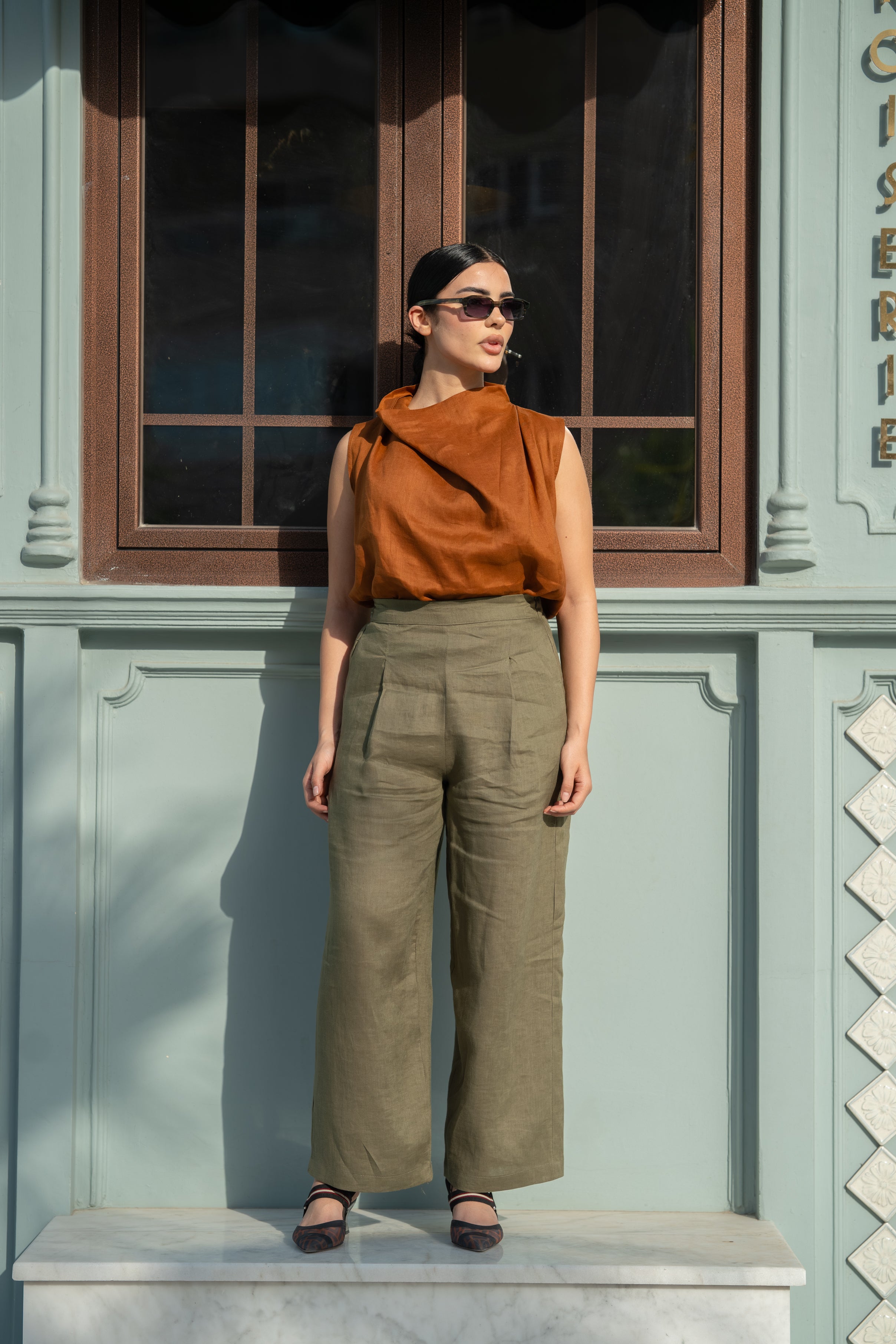 Camel Linen Blouse & Pants Set