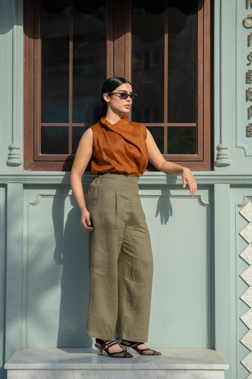 Camel Linen Blouse & Pants Set
