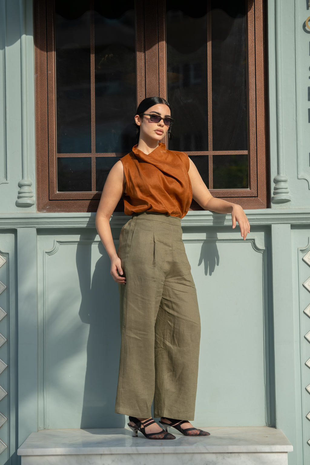 Camel Linen Blouse & Pants Set