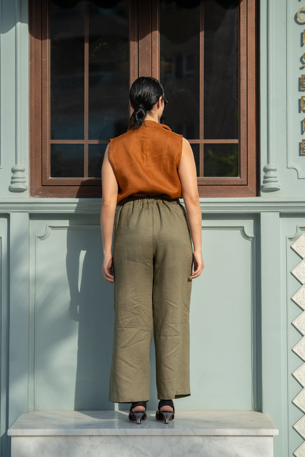 Camel Linen Blouse & Pants Set