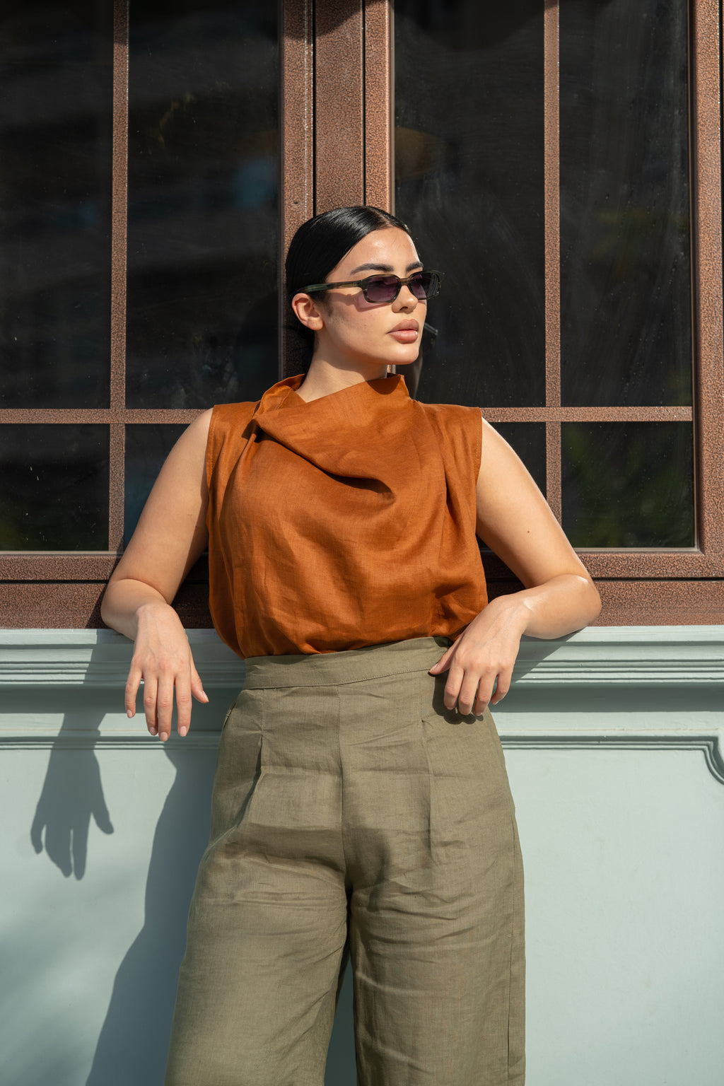 Camel Linen Blouse & Pants Set
