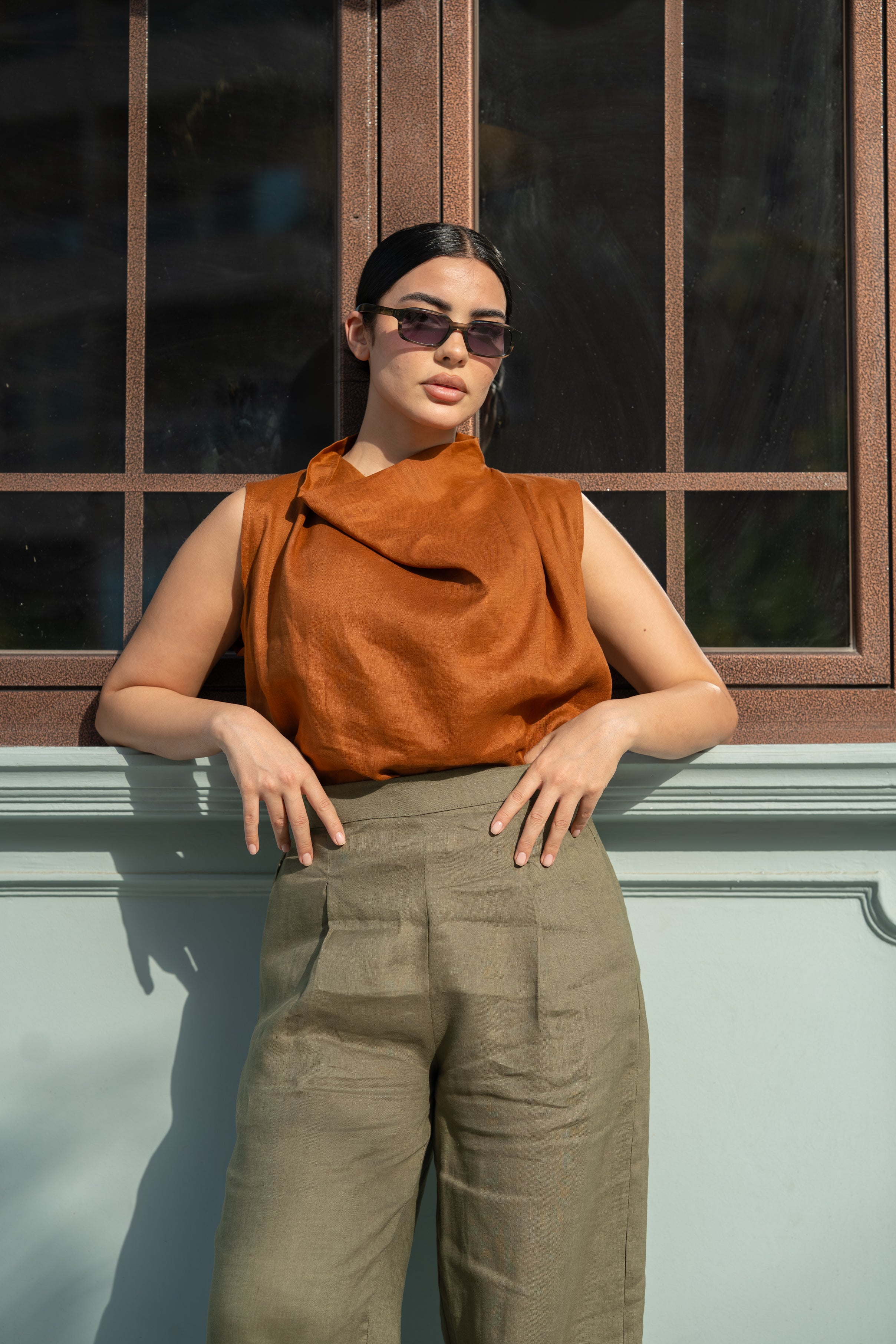 Camel Linen Blouse & Pants Set