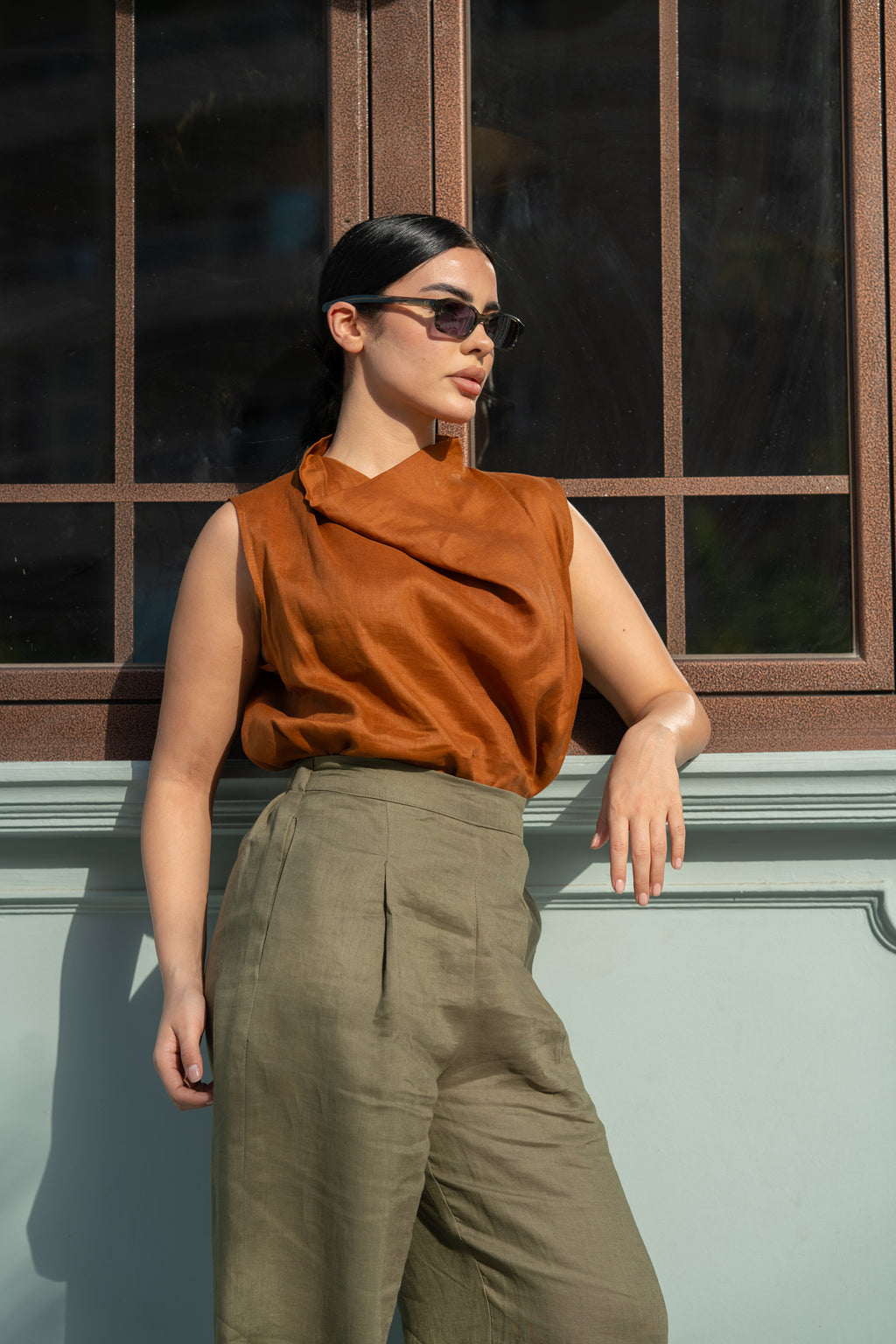 Camel Linen Blouse & Pants Set