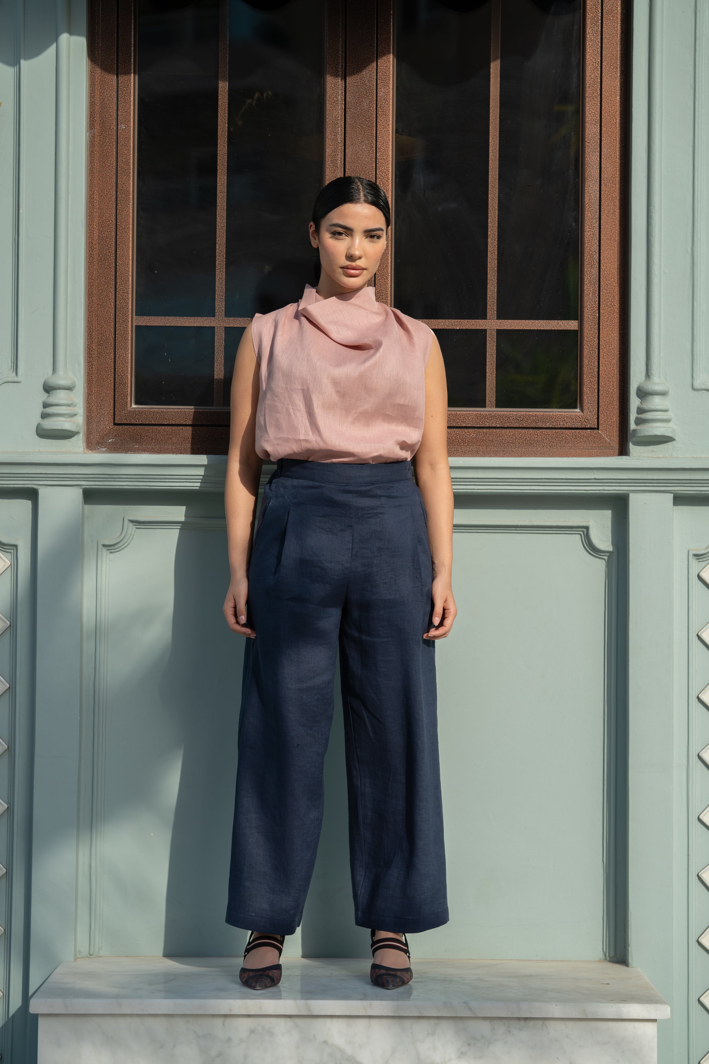 Pink Linen Blouse & navy Pants Set