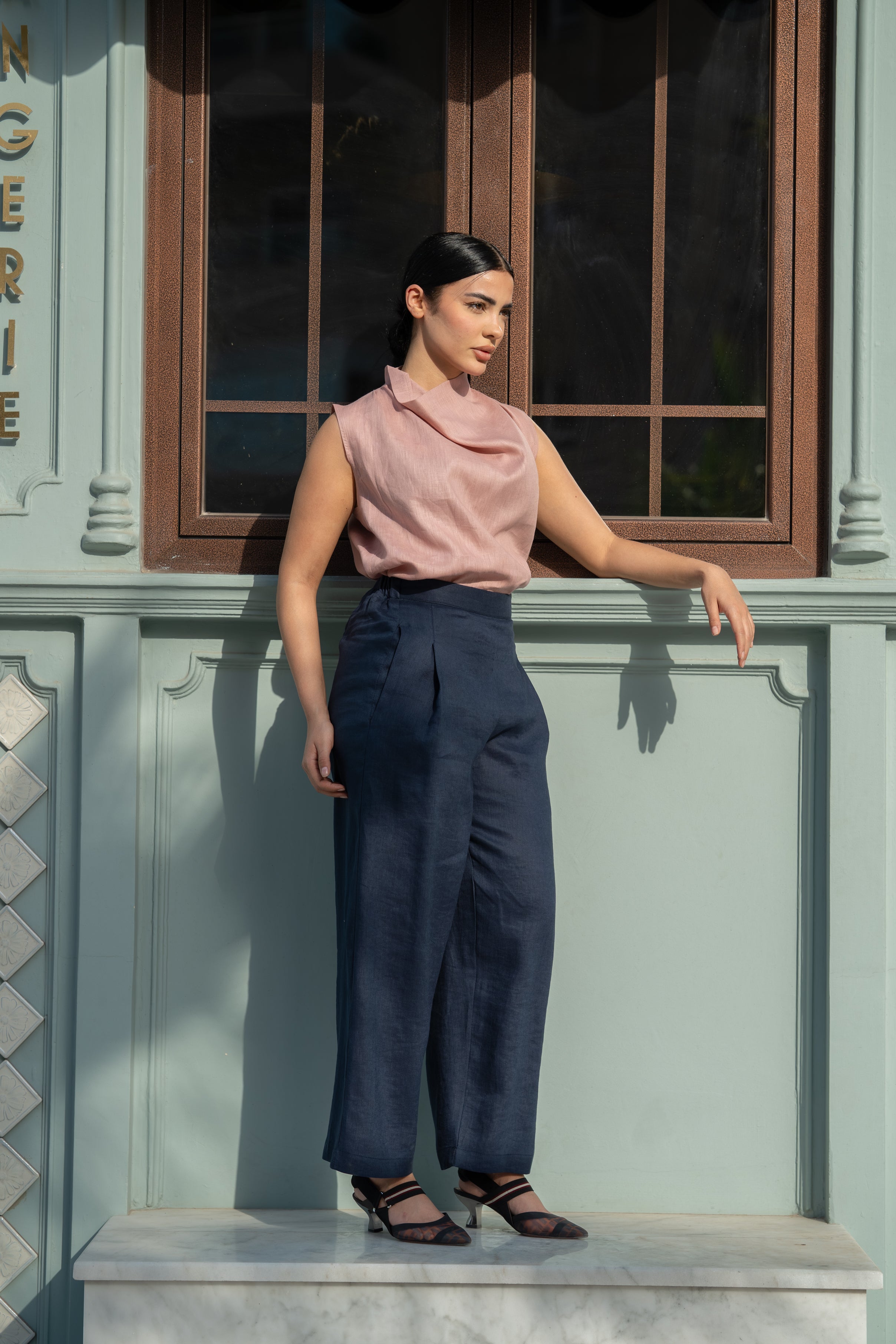 Pink Linen Blouse & navy Pants Set
