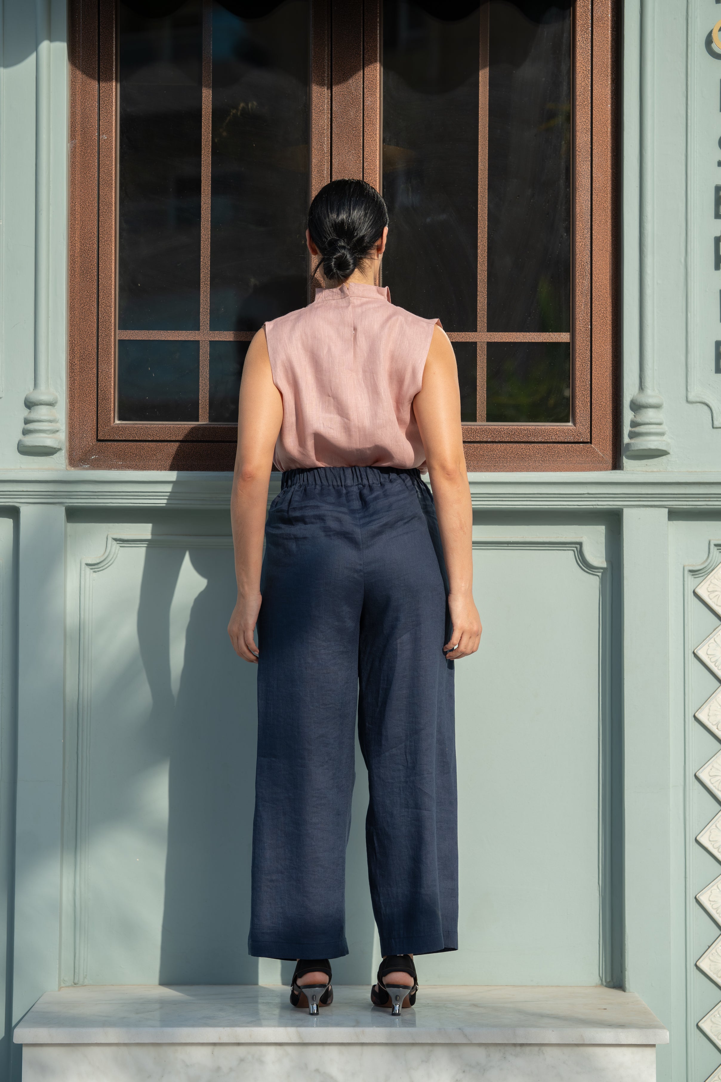 Pink Linen Blouse & navy Pants Set