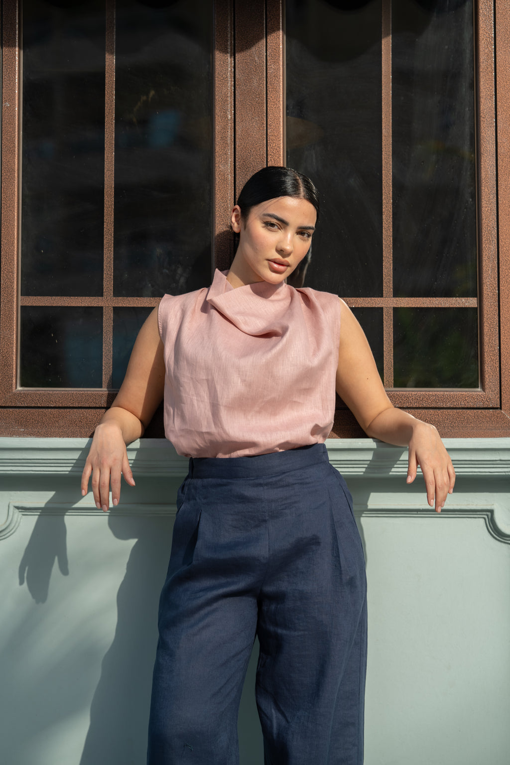 Pink Linen Blouse & navy Pants Set