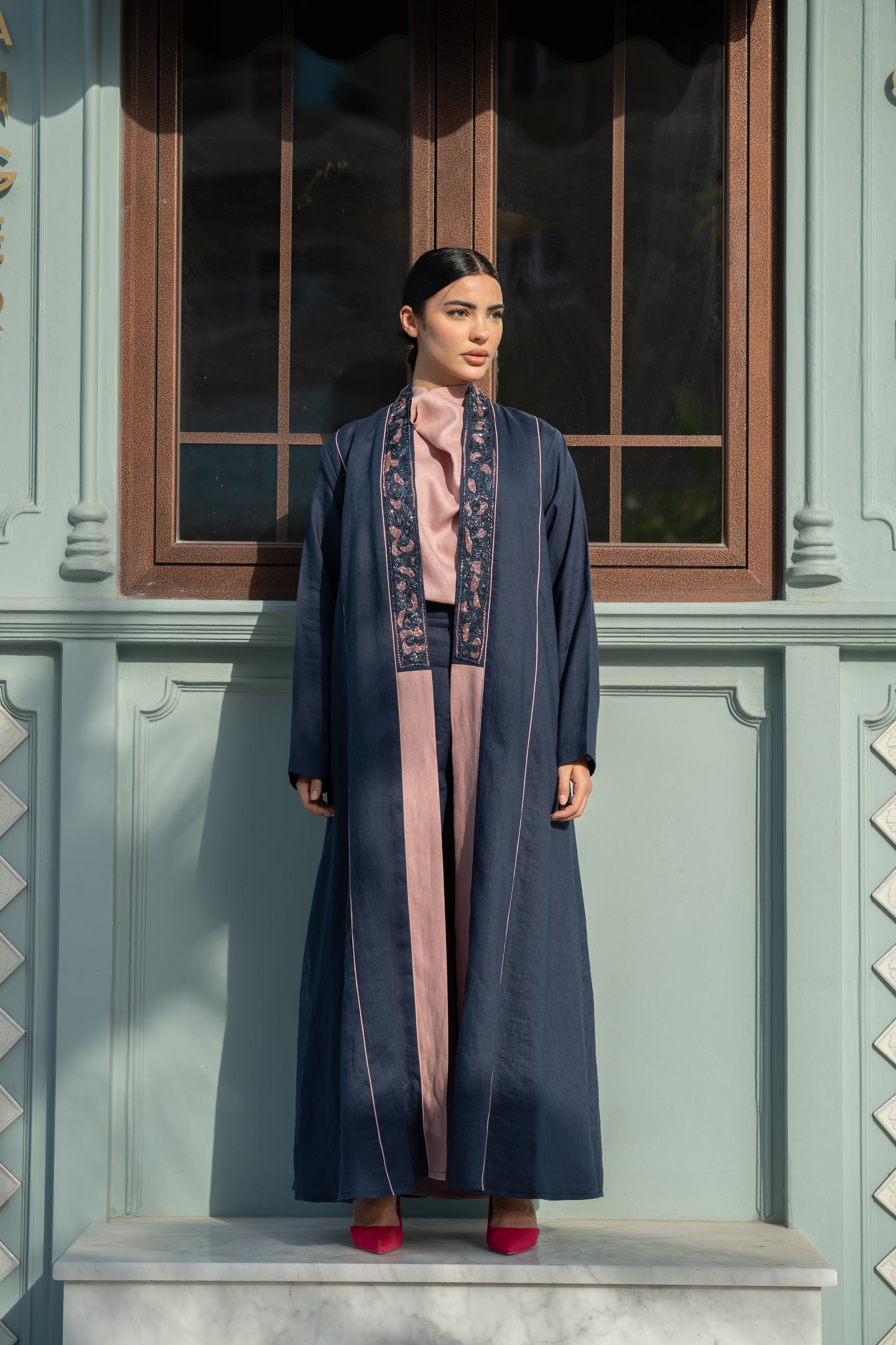 Navy Linen Abaya with Pink Details & Hand Beadwork