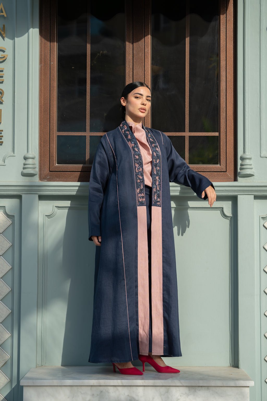 Navy Linen Abaya with Pink Details & Hand Beadwork
