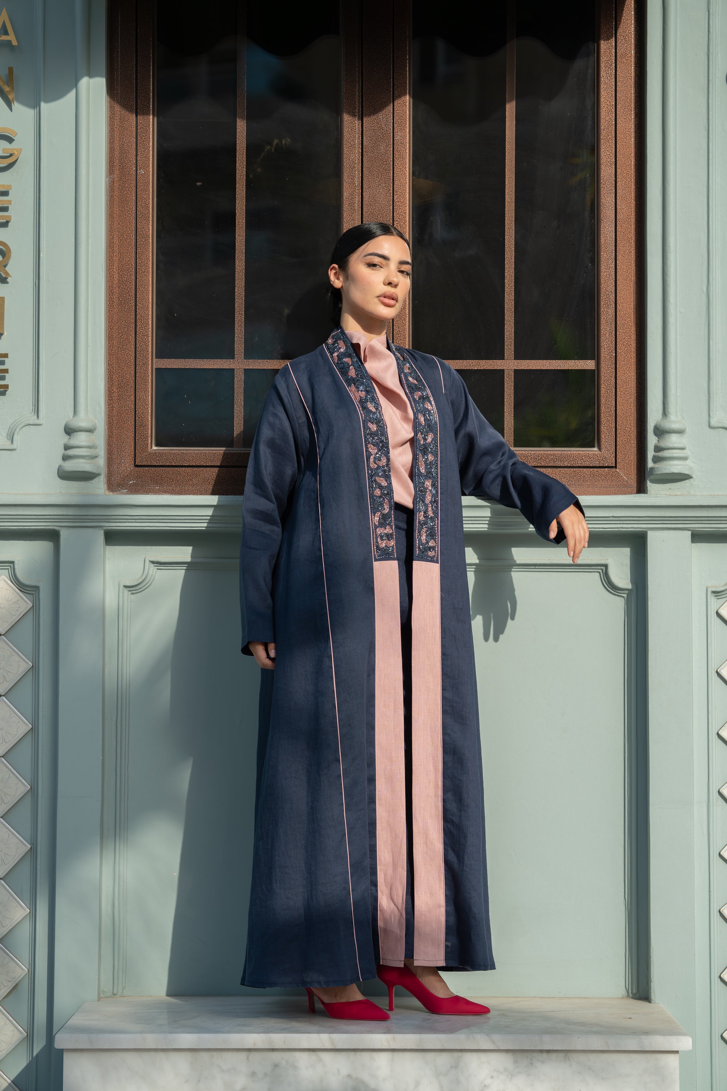 Navy Linen Abaya with Pink Details & Hand Beadwork