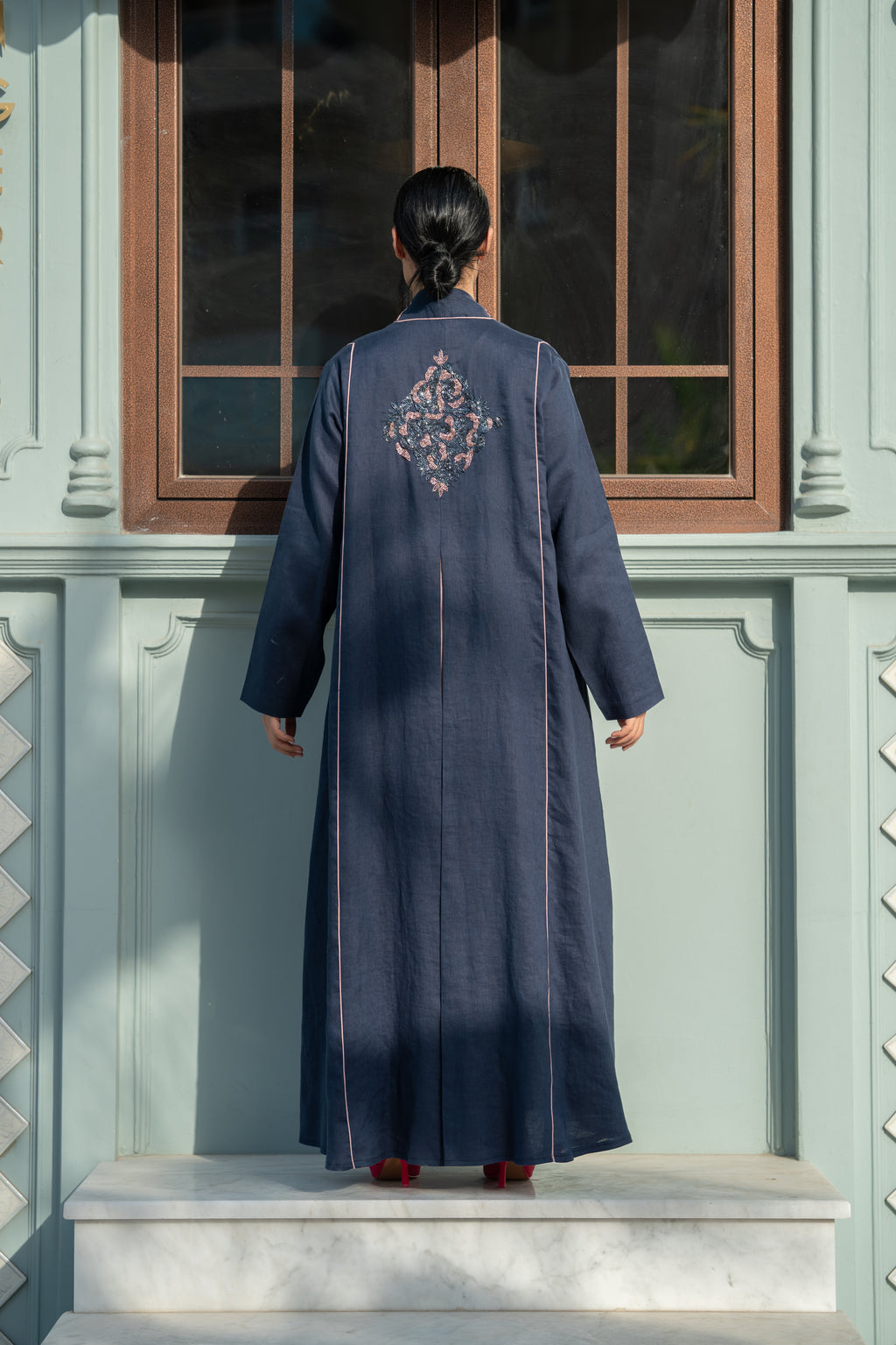 Navy Linen Abaya with Pink Details & Hand Beadwork