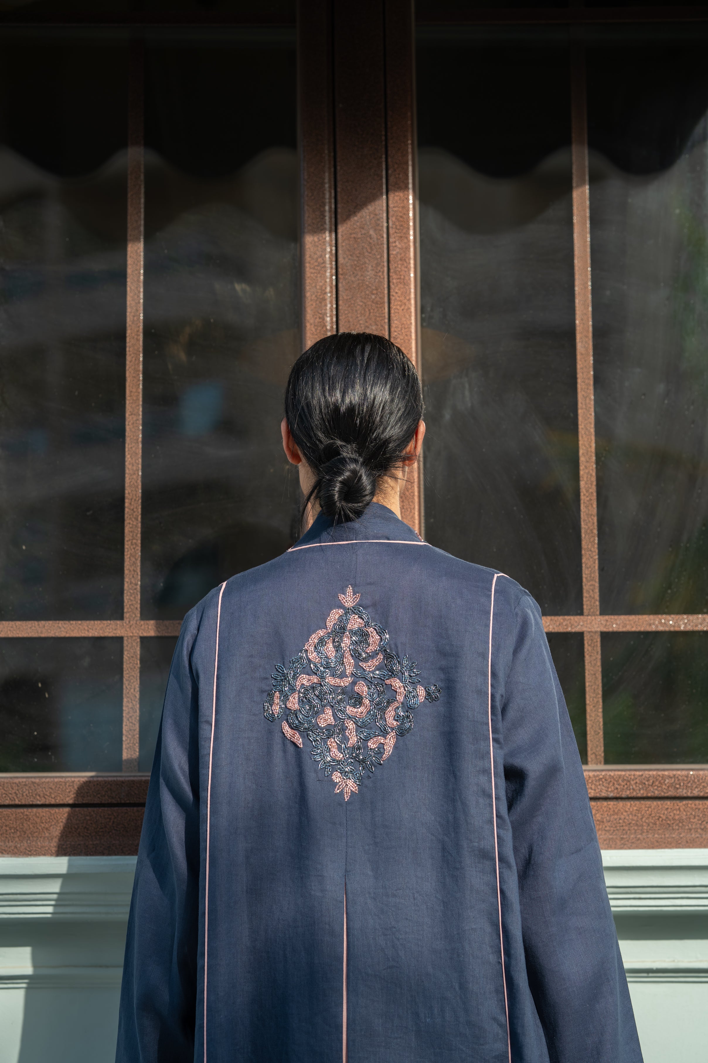 Navy Linen Abaya with Pink Details & Hand Beadwork
