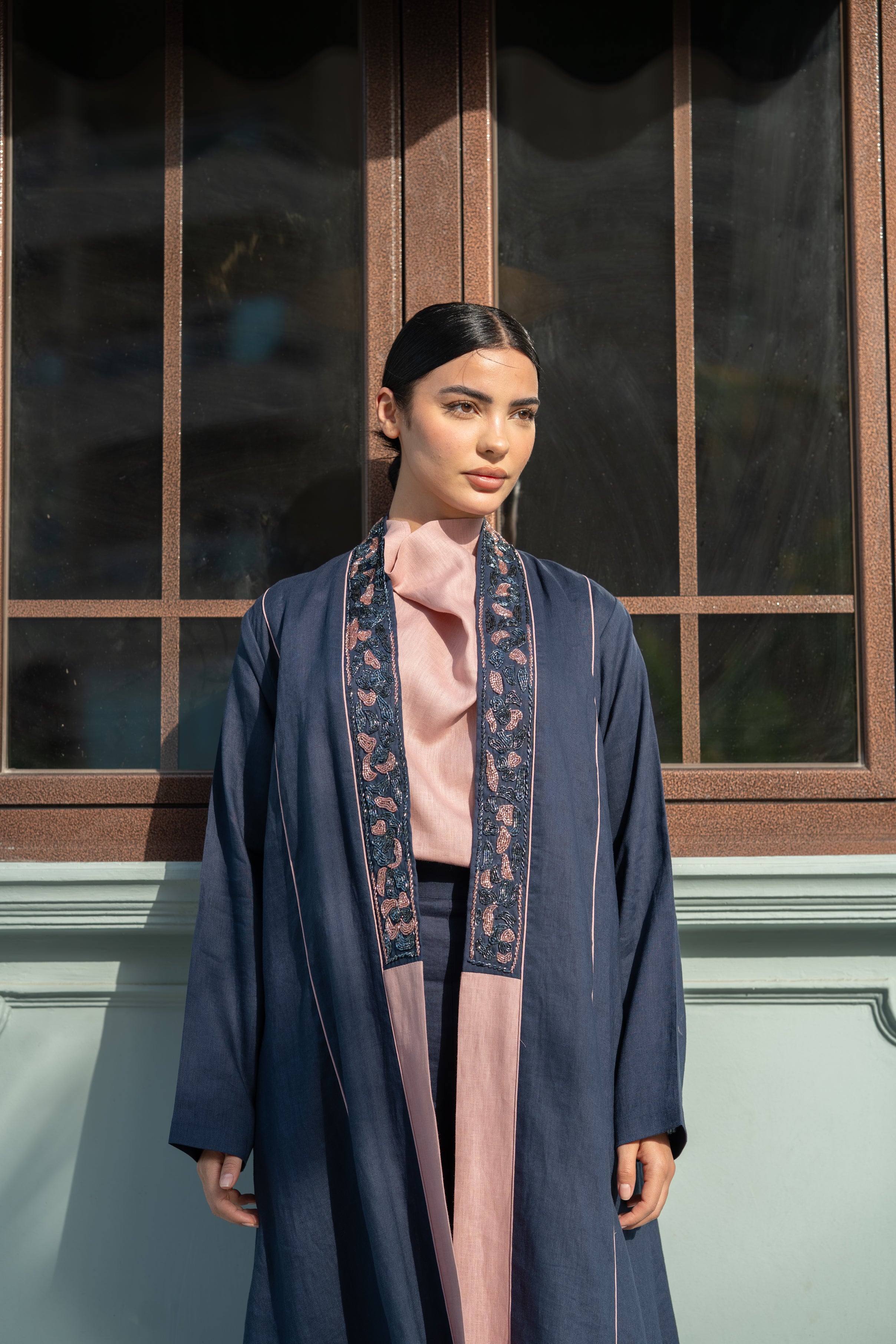 Navy Linen Abaya with Pink Details & Hand Beadwork