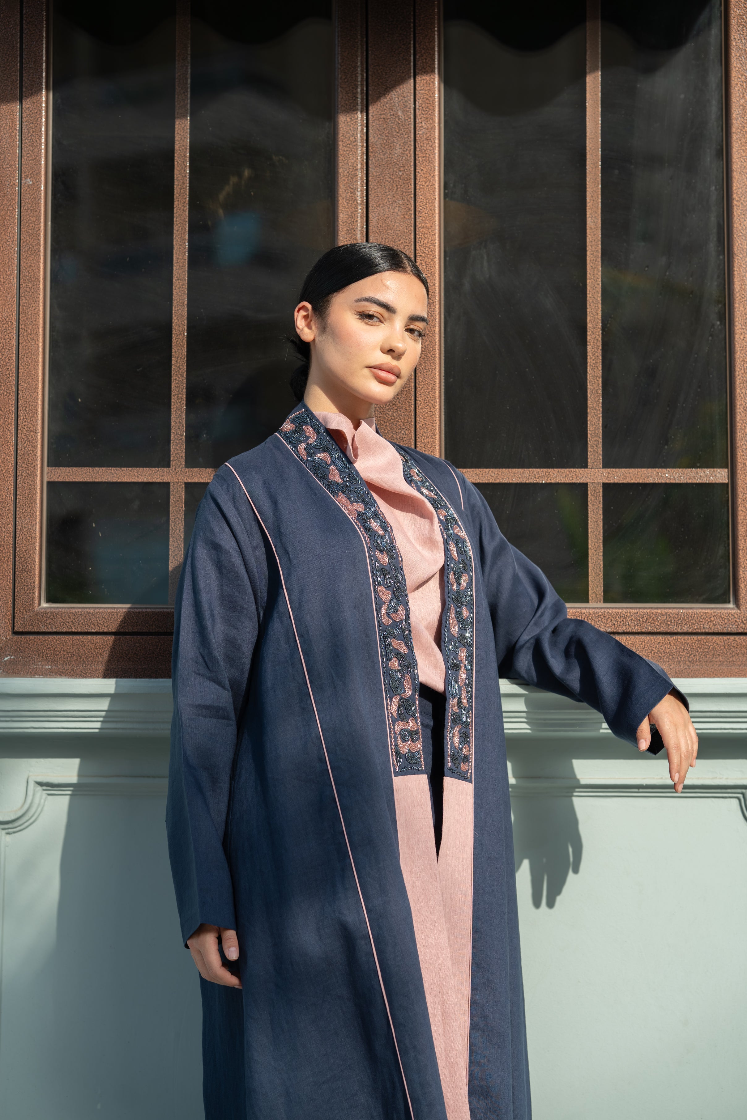 Navy Linen Abaya with Pink Details & Hand Beadwork