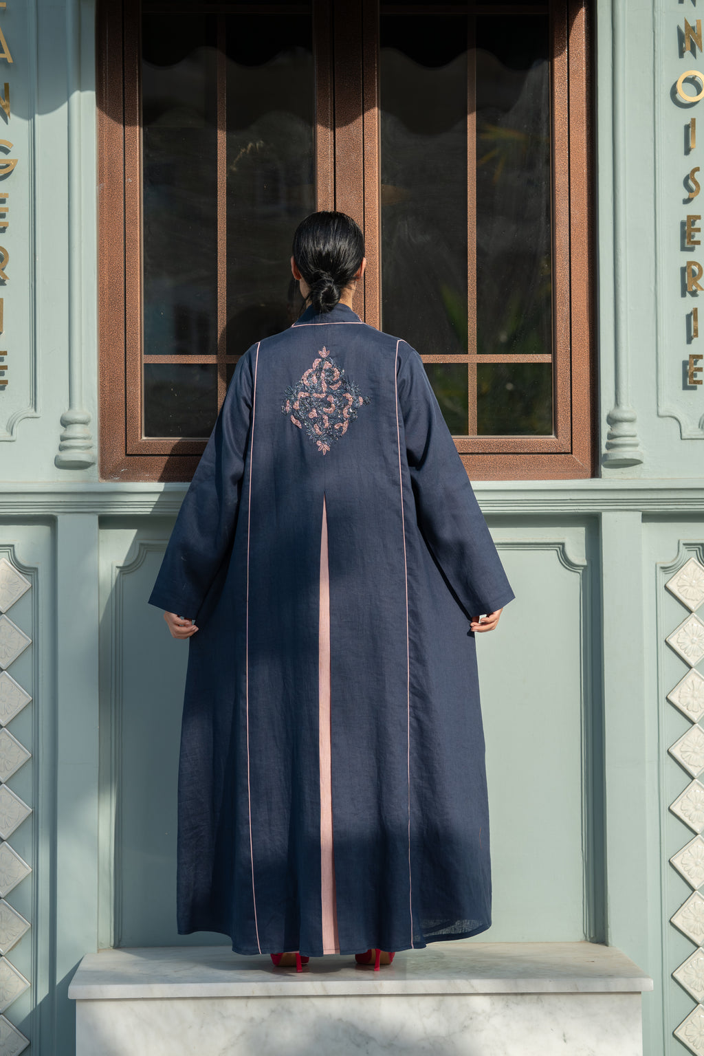 Navy Linen Abaya with Pink Details & Hand Beadwork