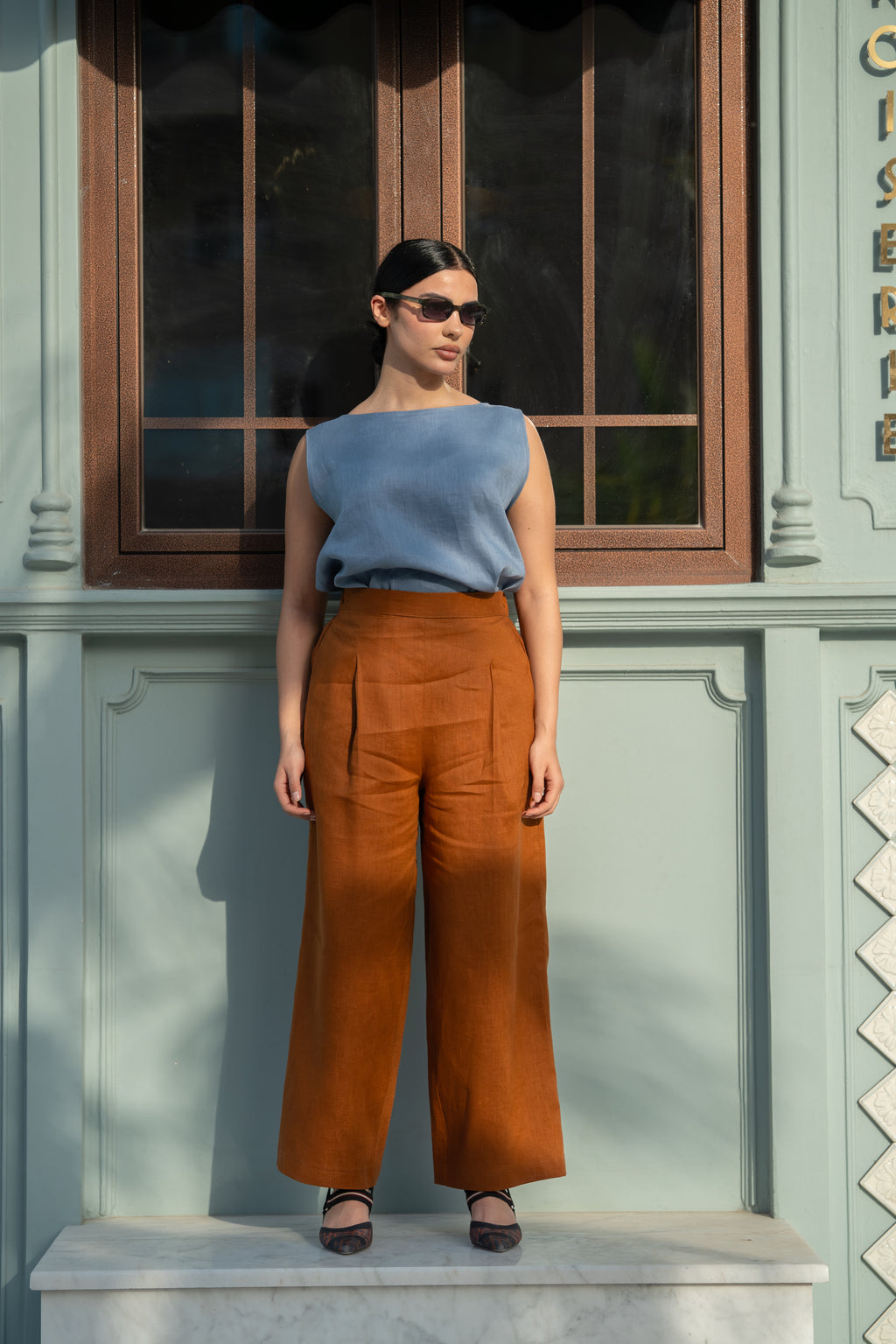 Blue Linen Blouse & camel Pants Set