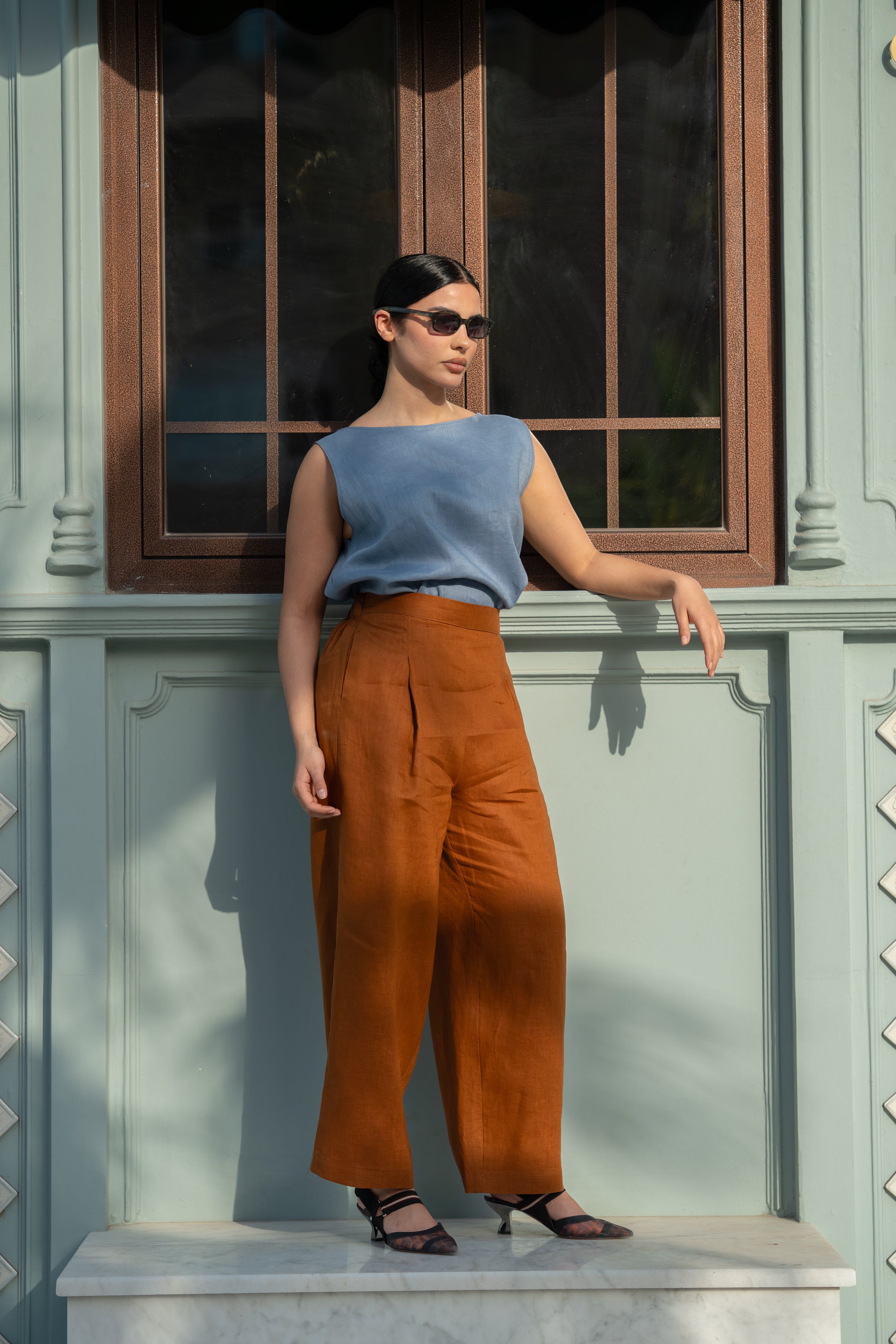 Blue Linen Blouse & camel Pants Set