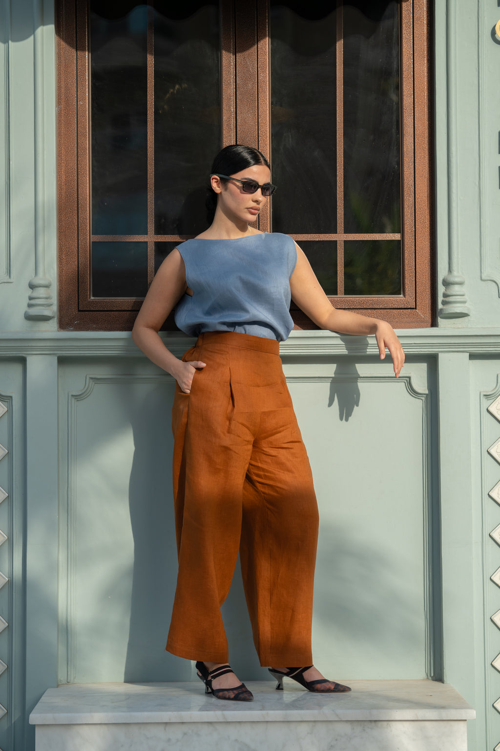 Blue Linen Blouse & camel Pants Set