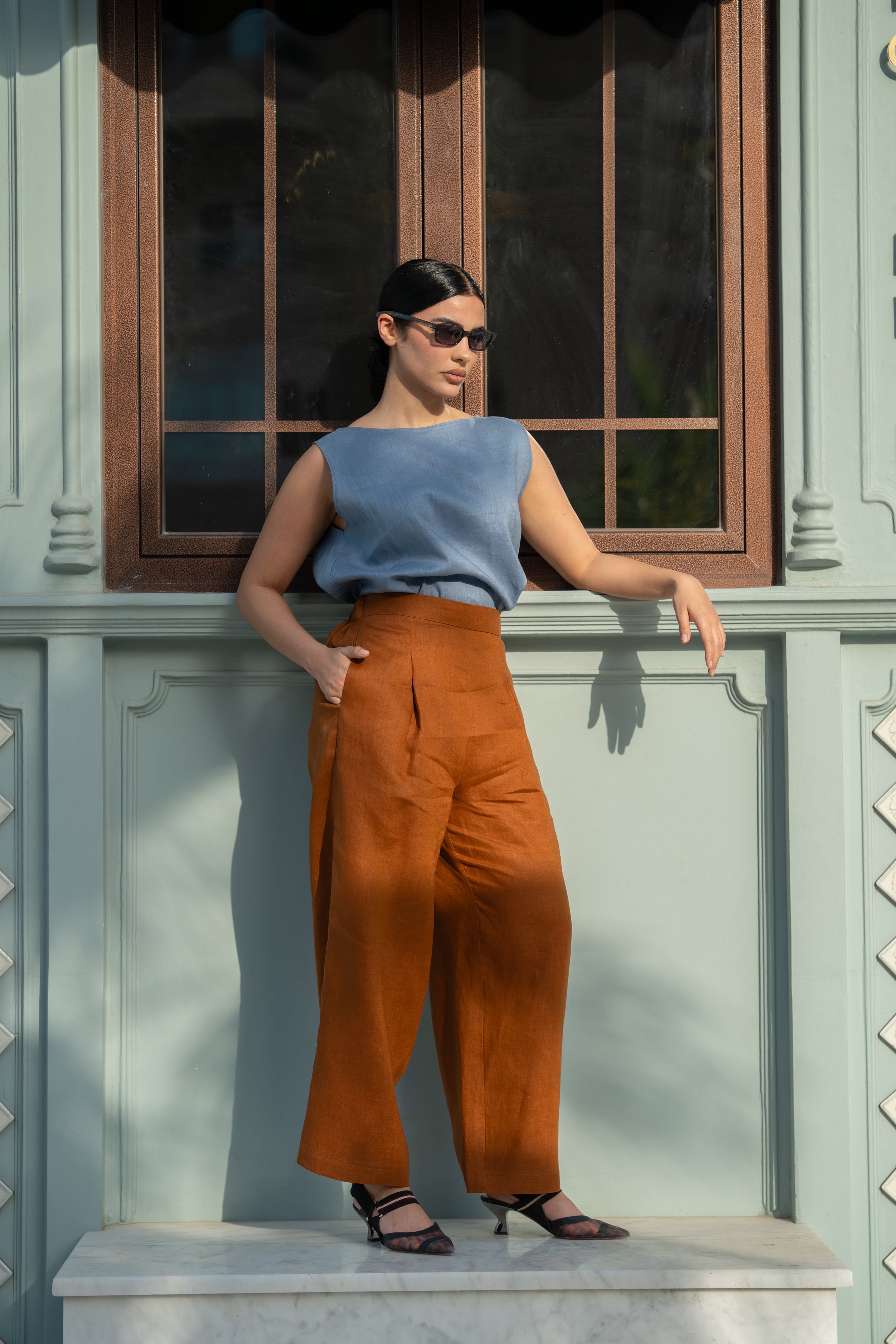 Blue Linen Blouse & camel Pants Set