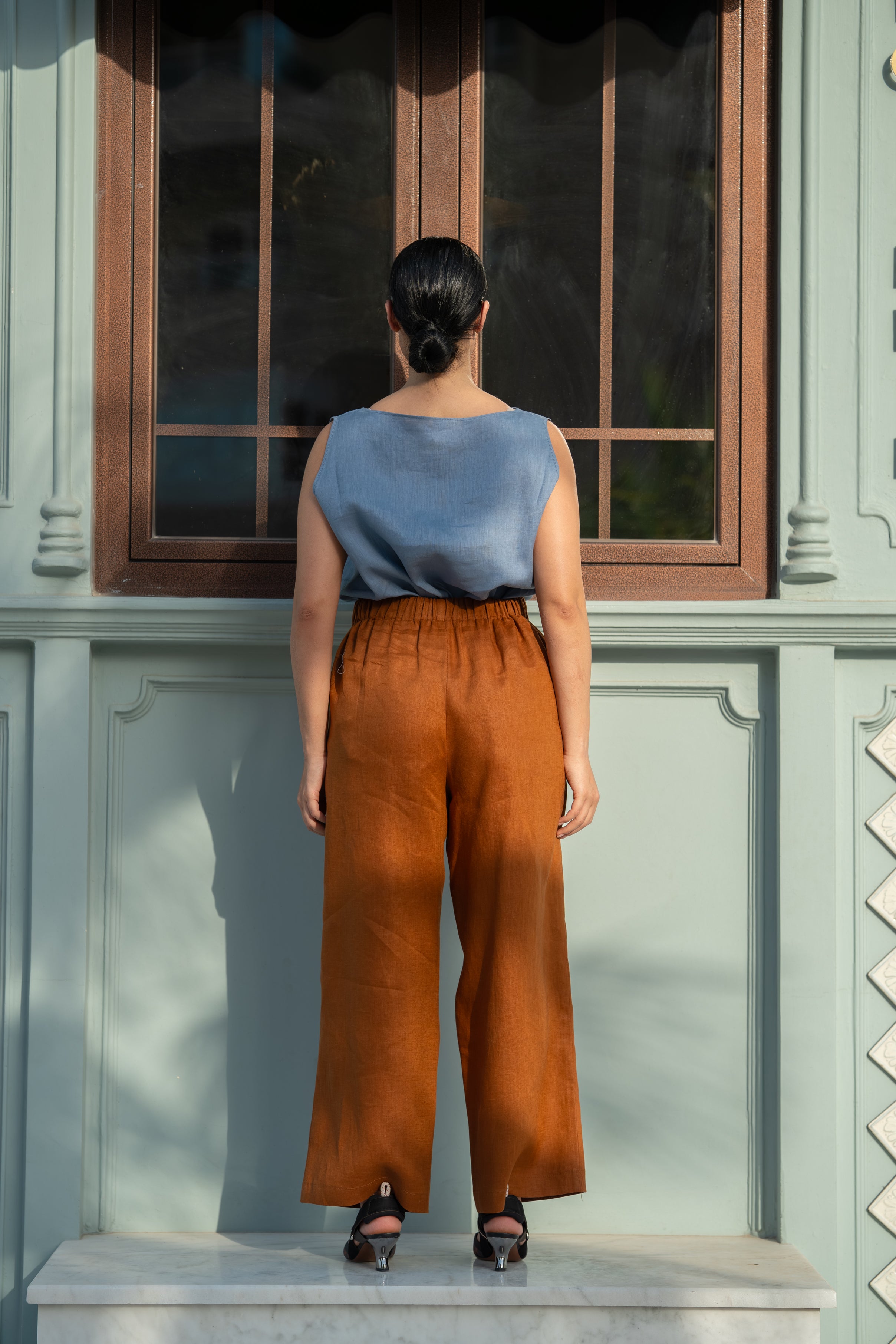 Blue Linen Blouse & camel Pants Set