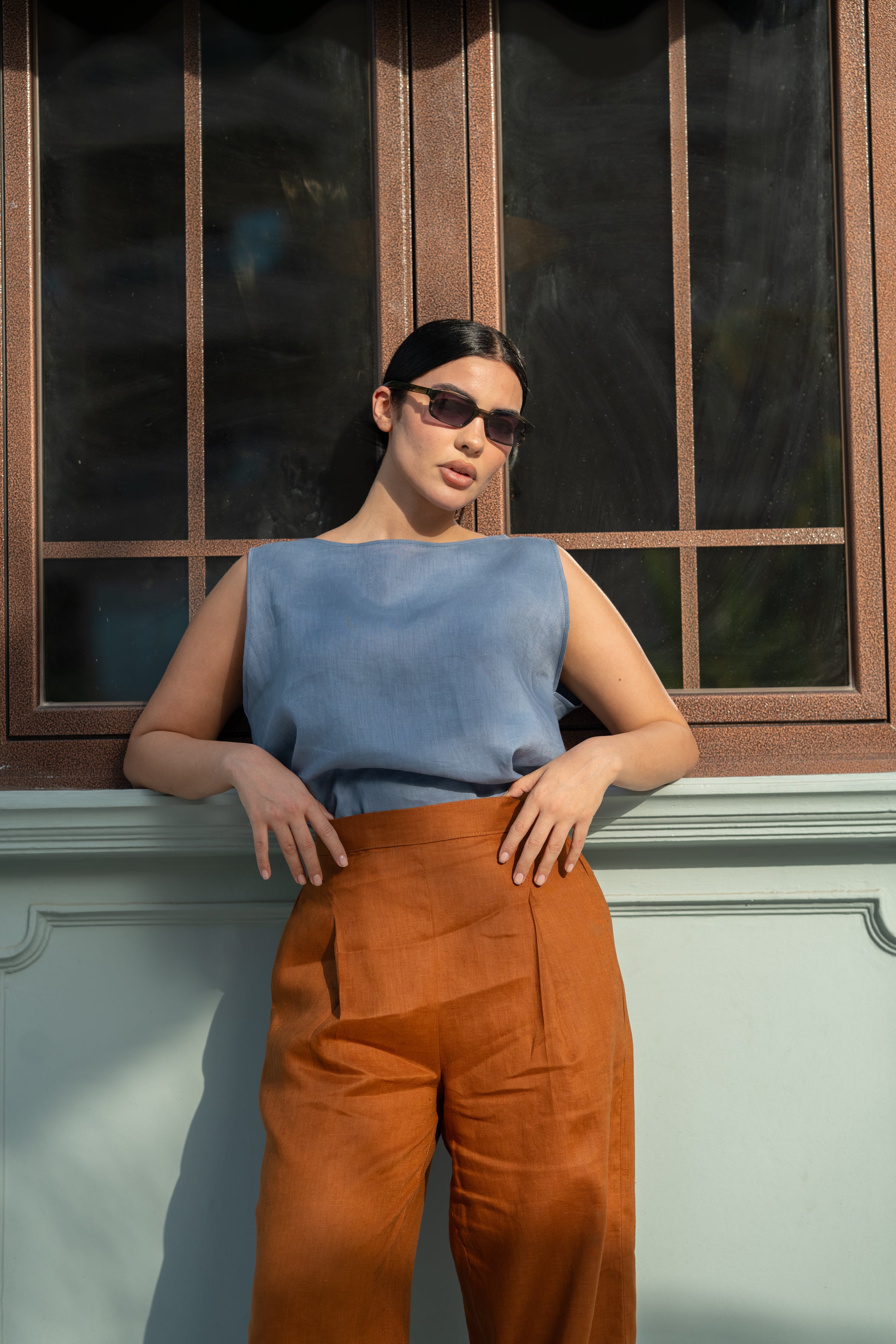 Blue Linen Blouse & camel Pants Set