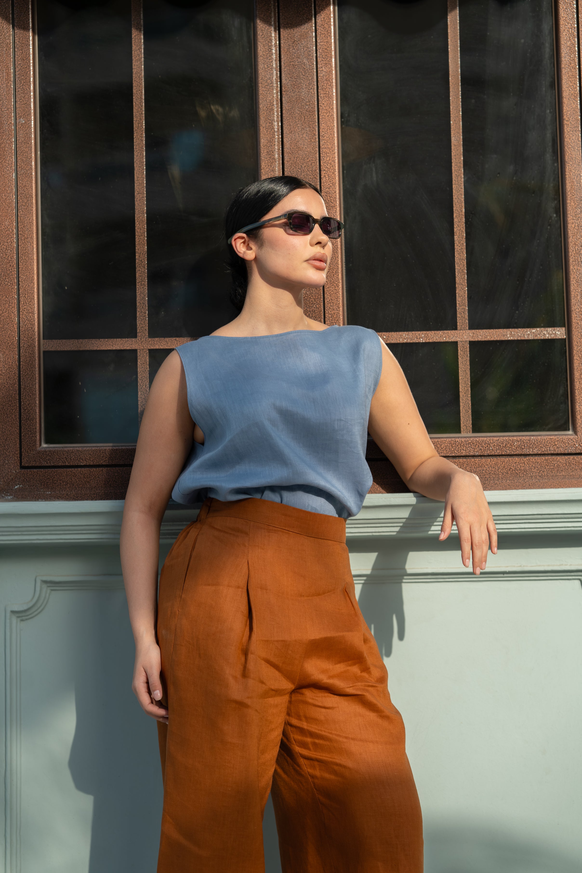 Blue Linen Blouse & camel Pants Set