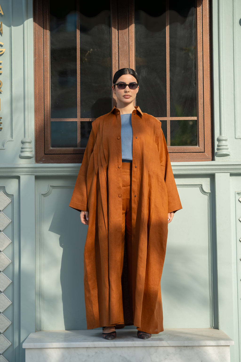 Camel Linen Abaya with Front & Back Pleats