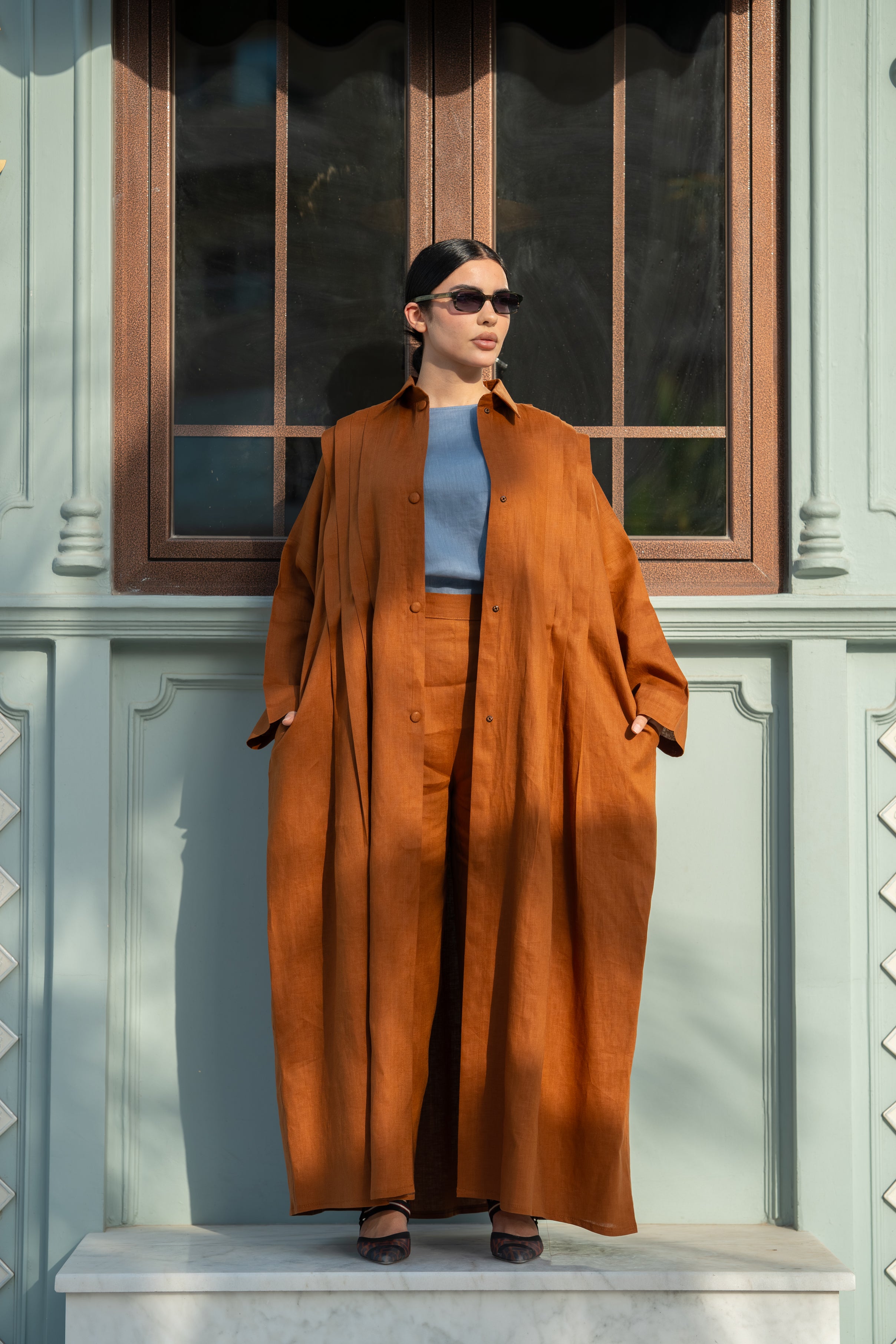 Camel Linen Abaya with Front & Back Pleats