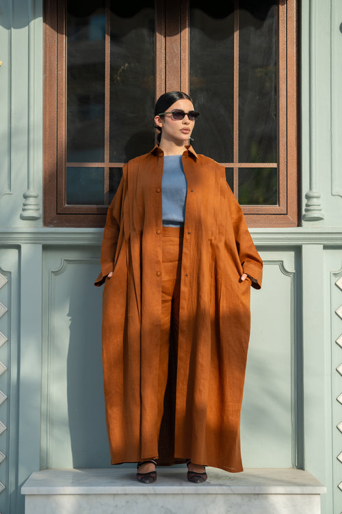 Camel Linen Abaya with Front & Back Pleats