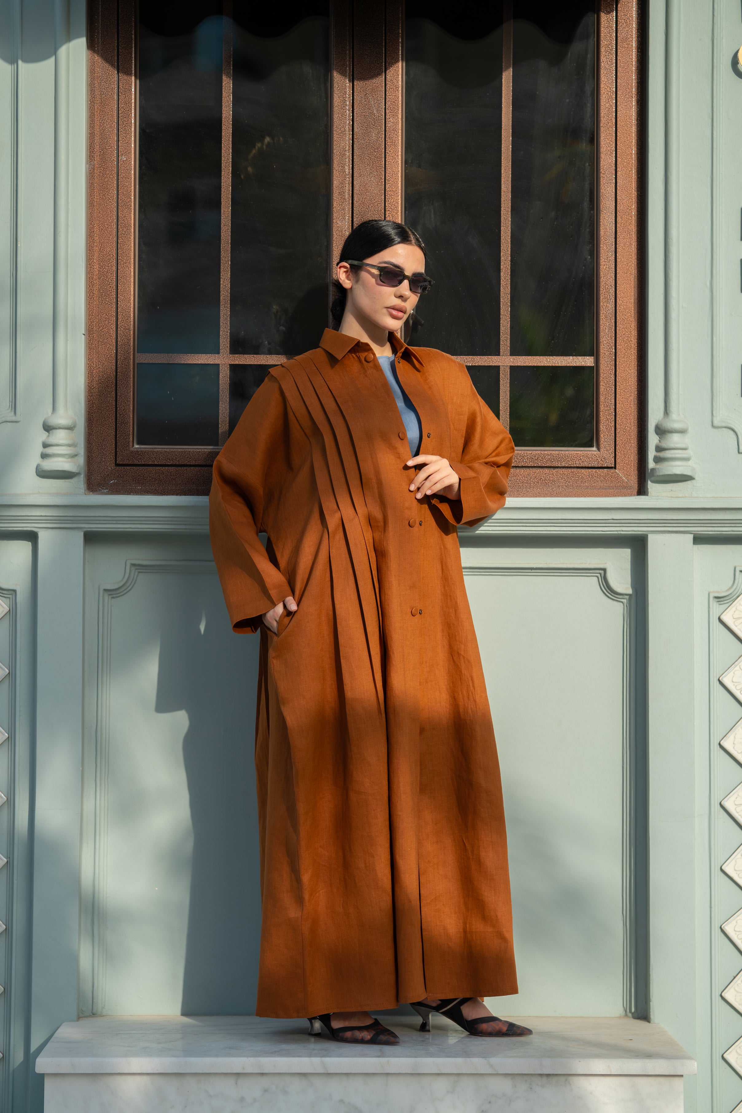 Camel Linen Abaya with Front & Back Pleats